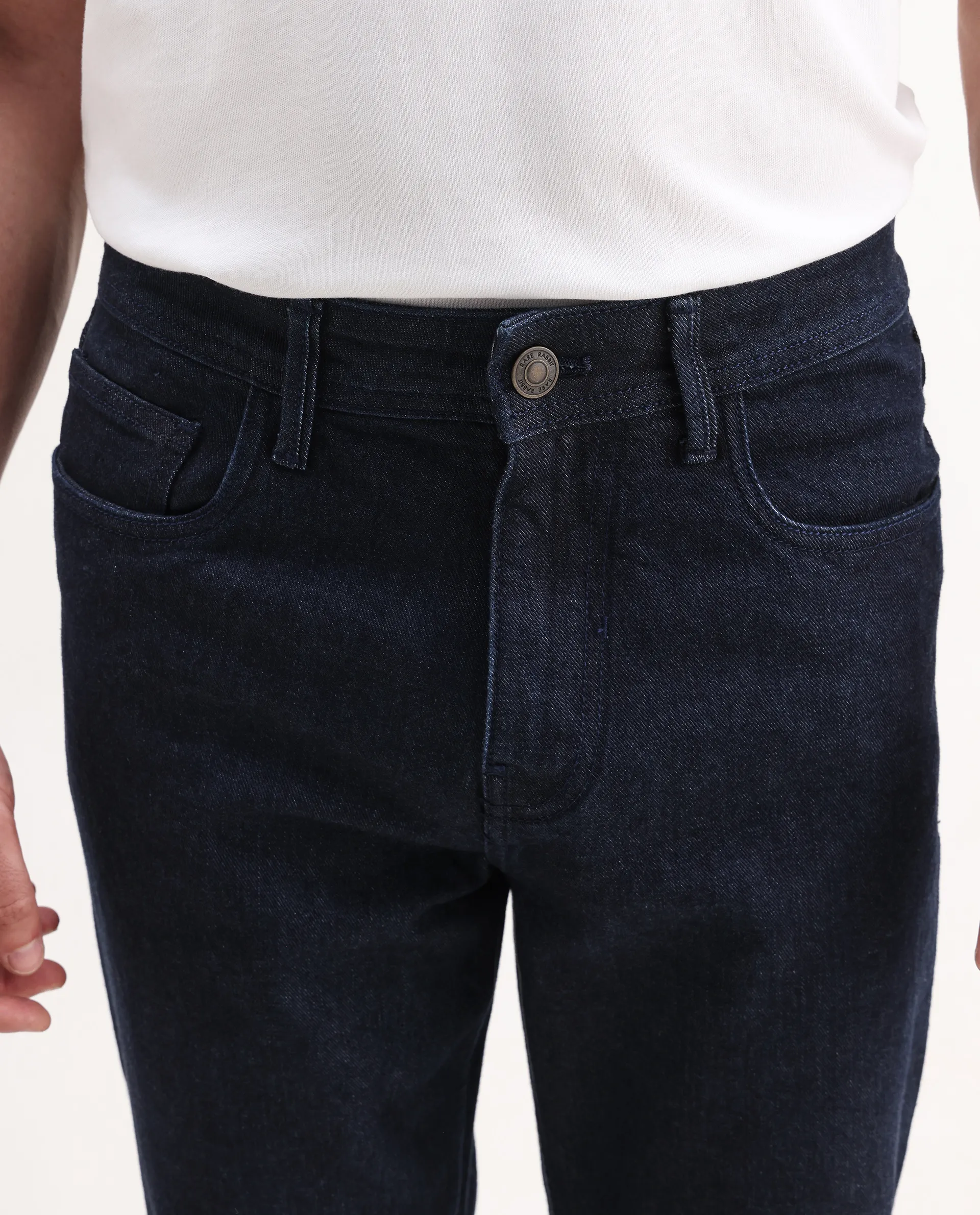 Rare Rabbit Men's Sam Dark Blue Cotton Plain Kurt Carrot Fit Jeans - Image 4