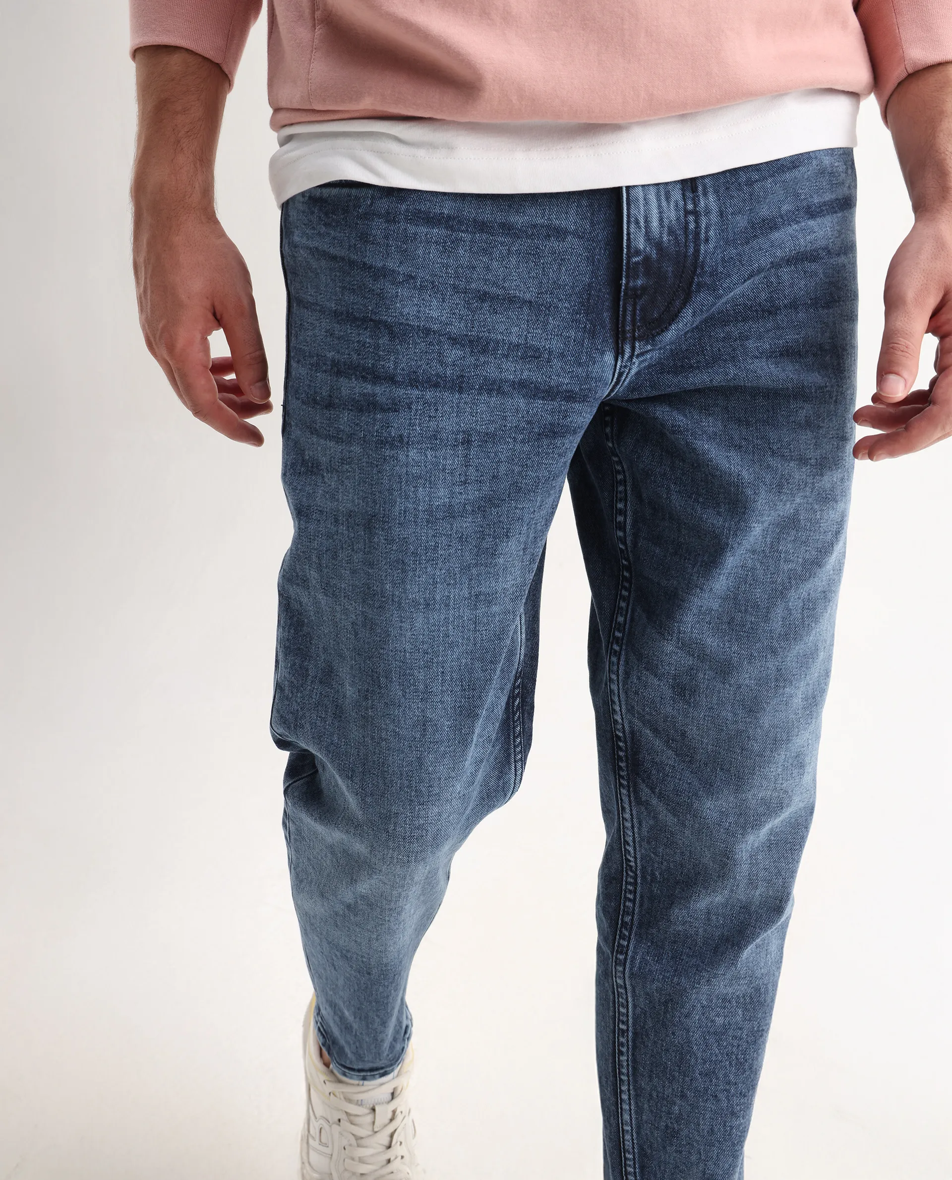 Rare Rabbit Men's Sam Dusky Blue Cotton Plain Kurt Carrot Fit Jeans - Image 2