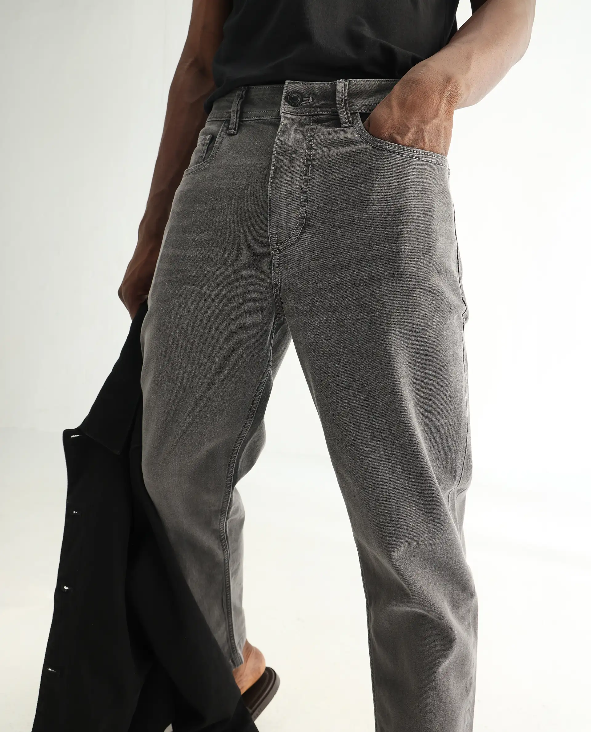 Rare Rabbit Men's Sam Grey Cotton Plain Kurt Carrot Fit Jeans - Image 2