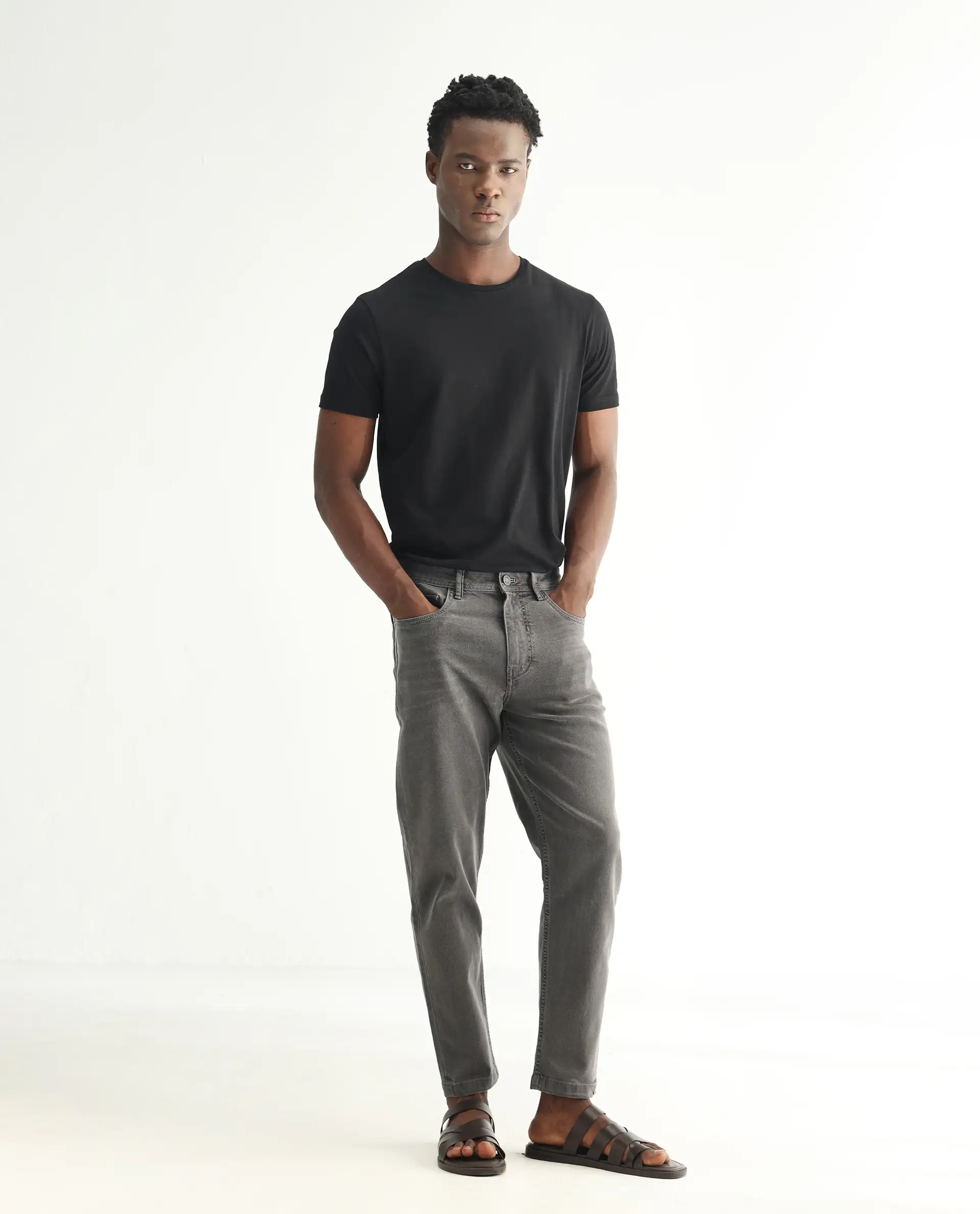 Rare Rabbit Men's Sam Grey Cotton Plain Kurt Carrot Fit Jeans - Image 4