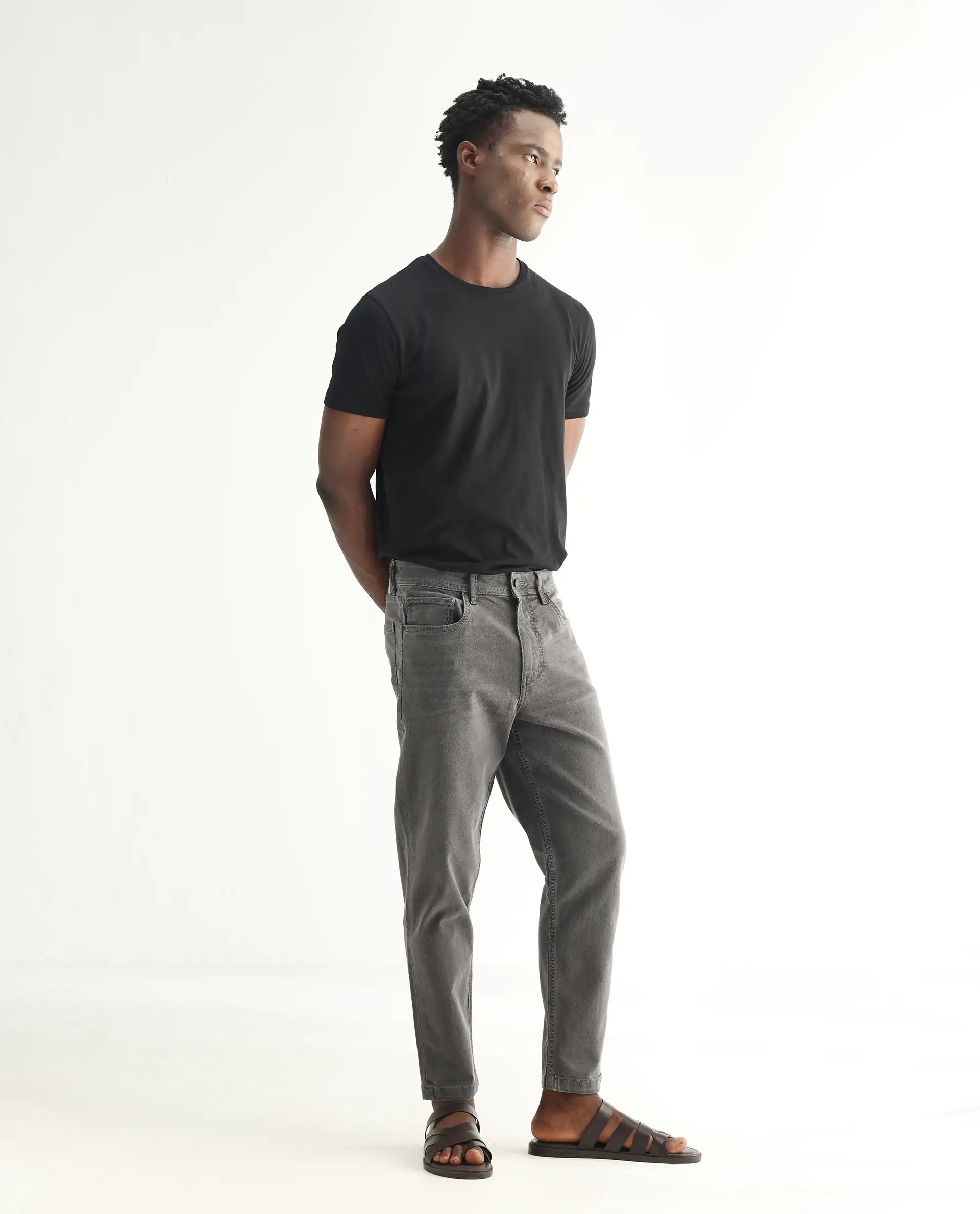 Rare Rabbit Men's Sam Grey Cotton Plain Kurt Carrot Fit Jeans - Image 5