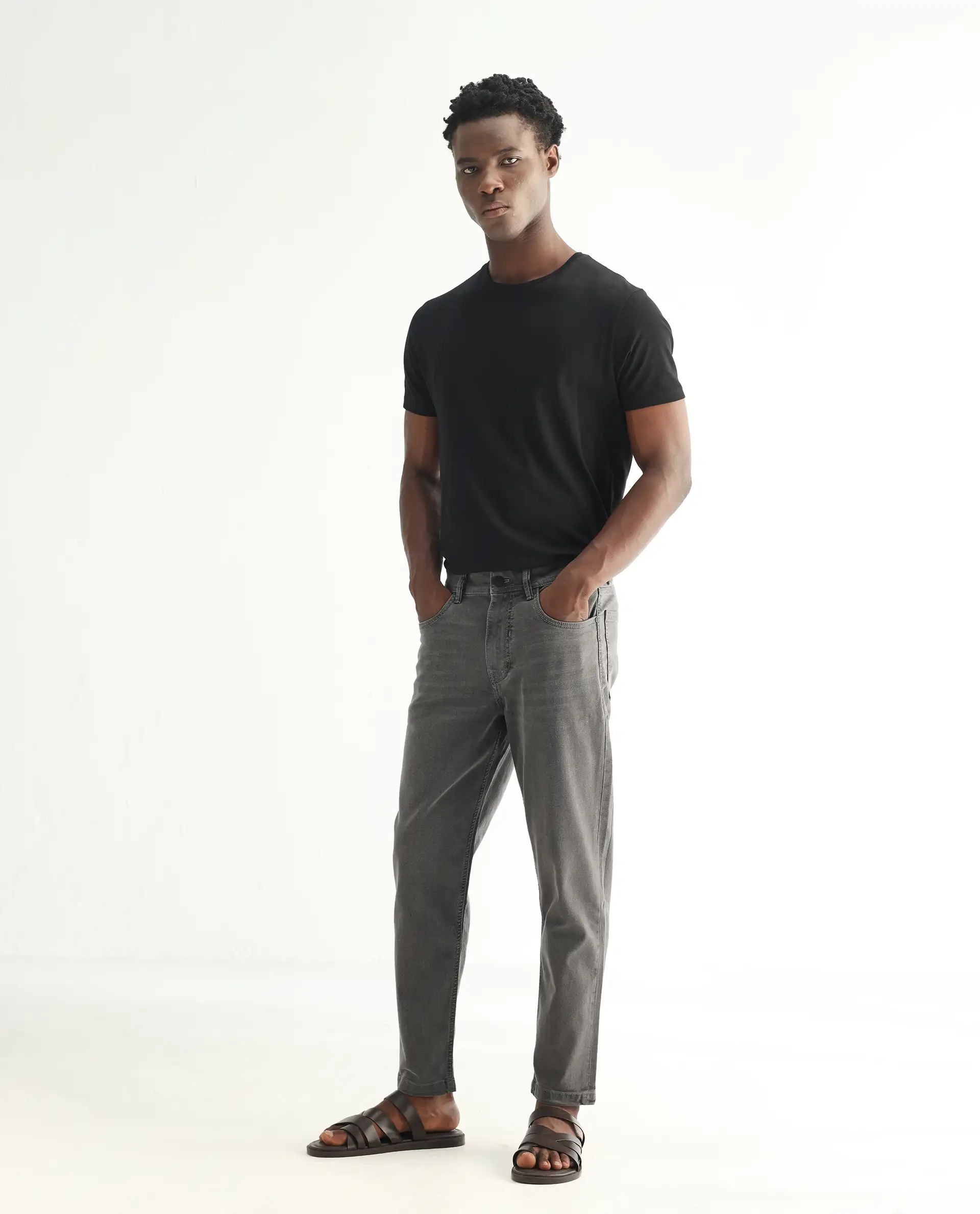 Rare Rabbit Men's Sam Grey Cotton Plain Kurt Carrot Fit Jeans - Image 6
