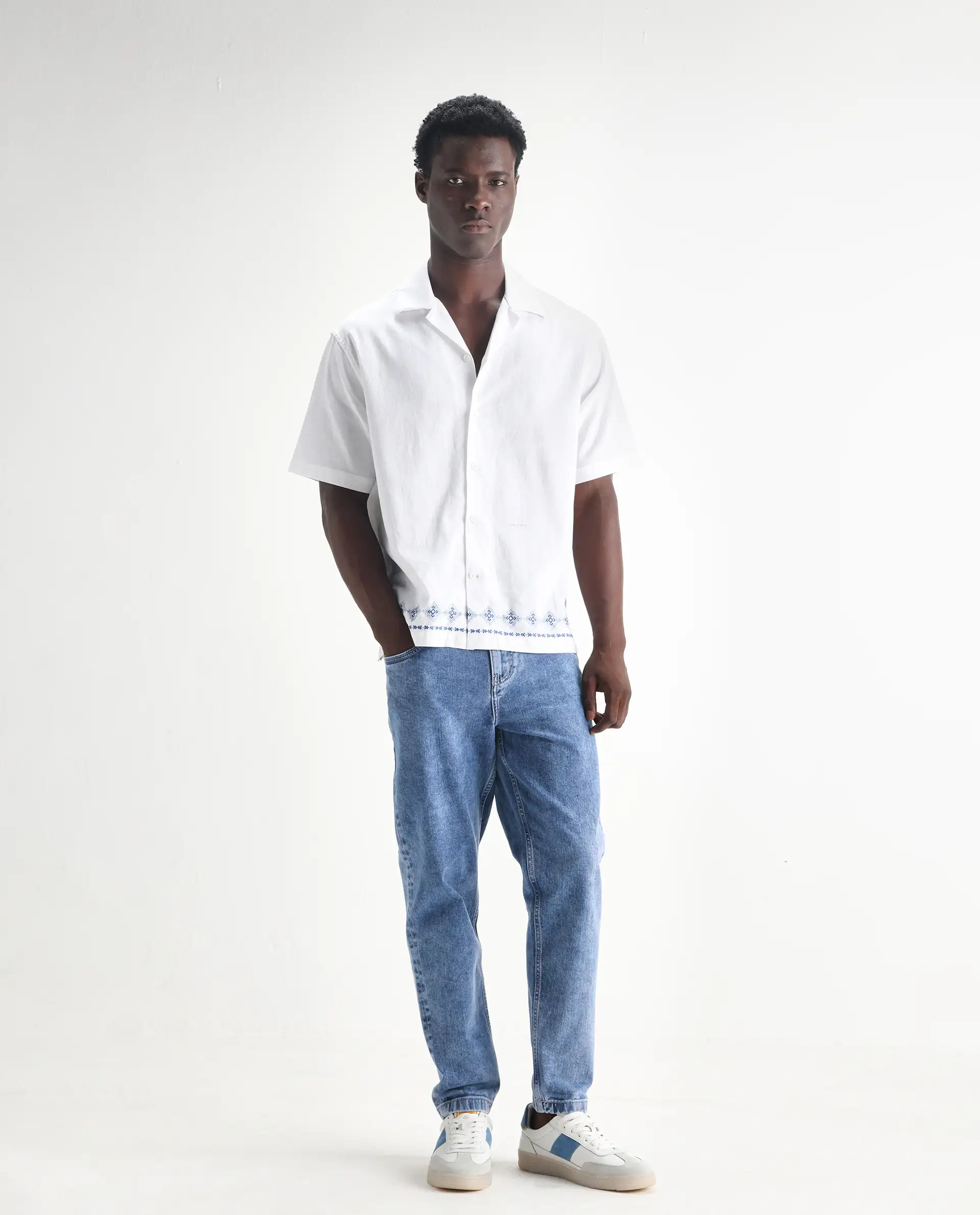Rare Rabbit Men's Sam Light Blue Cotton Plain Kurt Carrot Fit Jeans - Image 4