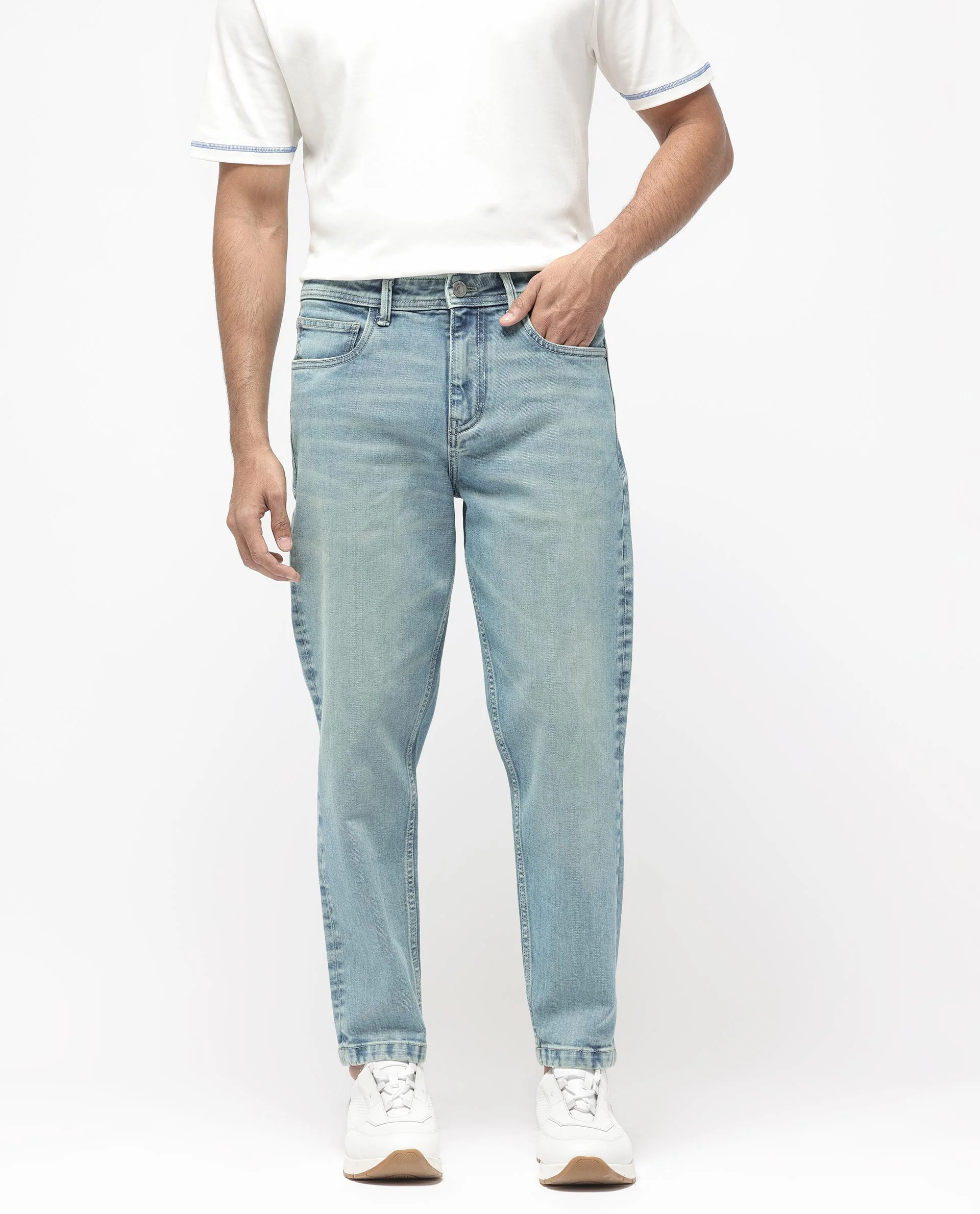 Rare Rabbit Men's Sam Pastel Blue Cotton Plain Kurt Carrot Fit Jeans