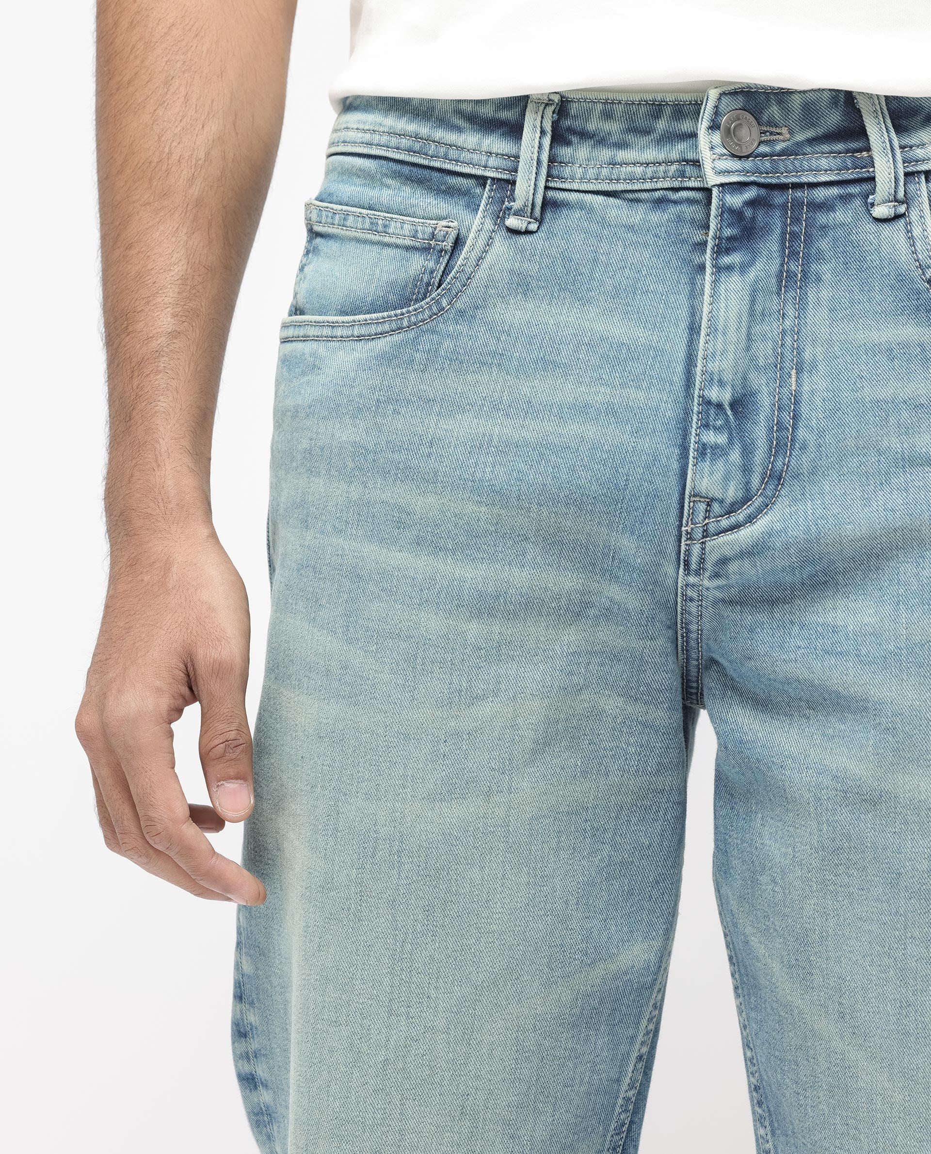 Rare Rabbit Men's Sam Pastel Blue Cotton Plain Kurt Carrot Fit Jeans - Image 2