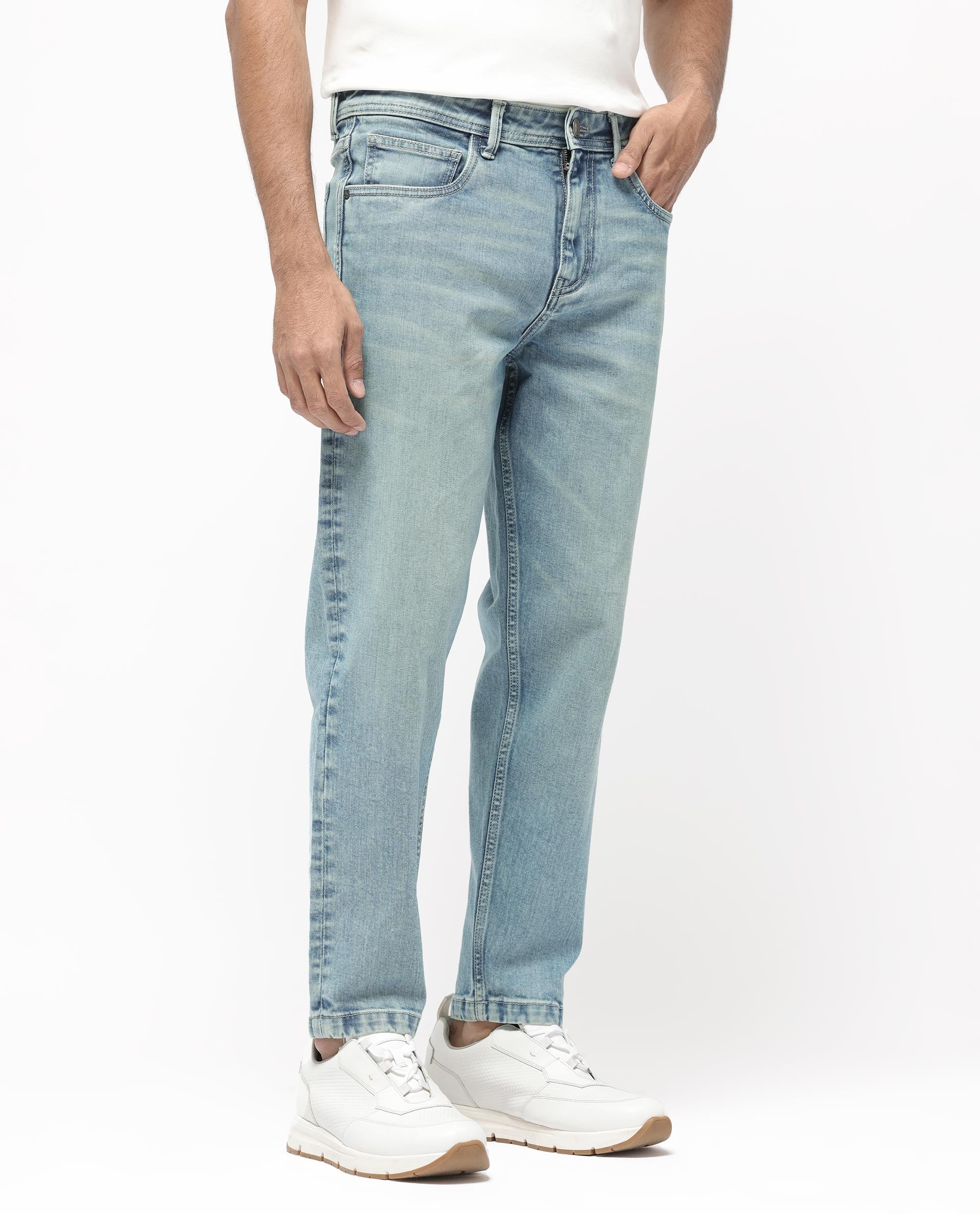 Rare Rabbit Men's Sam Pastel Blue Cotton Plain Kurt Carrot Fit Jeans - Image 3