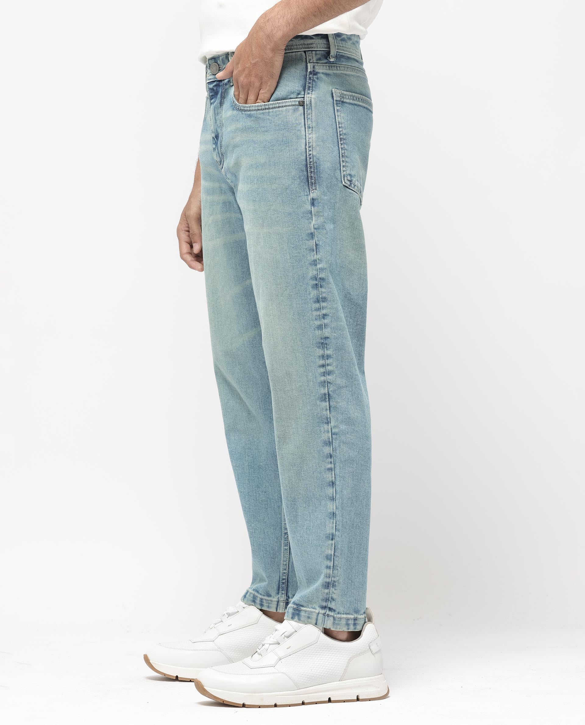 Rare Rabbit Men's Sam Pastel Blue Cotton Plain Kurt Carrot Fit Jeans - Image 4