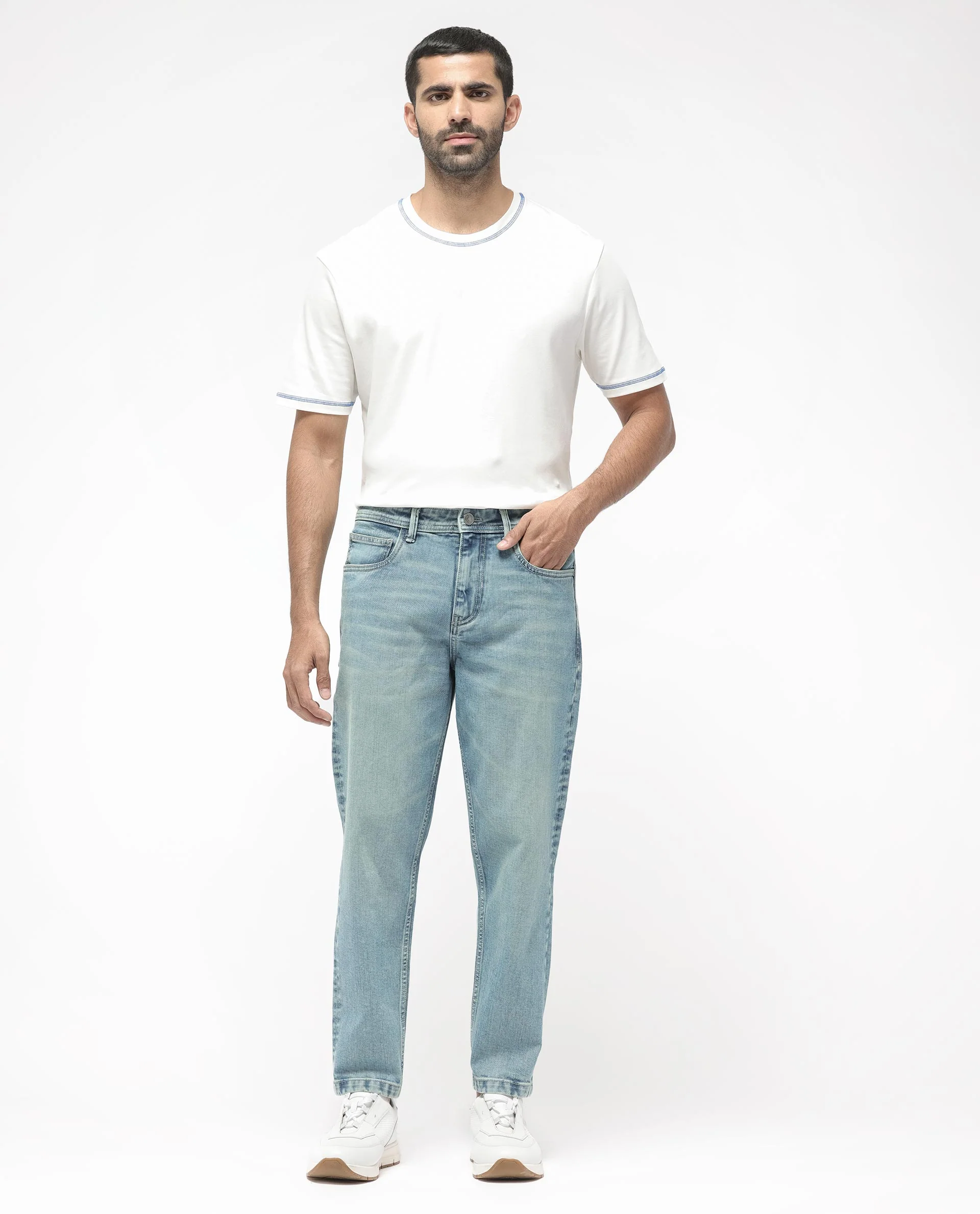 Rare Rabbit Men's Sam Pastel Blue Cotton Plain Kurt Carrot Fit Jeans - Image 5
