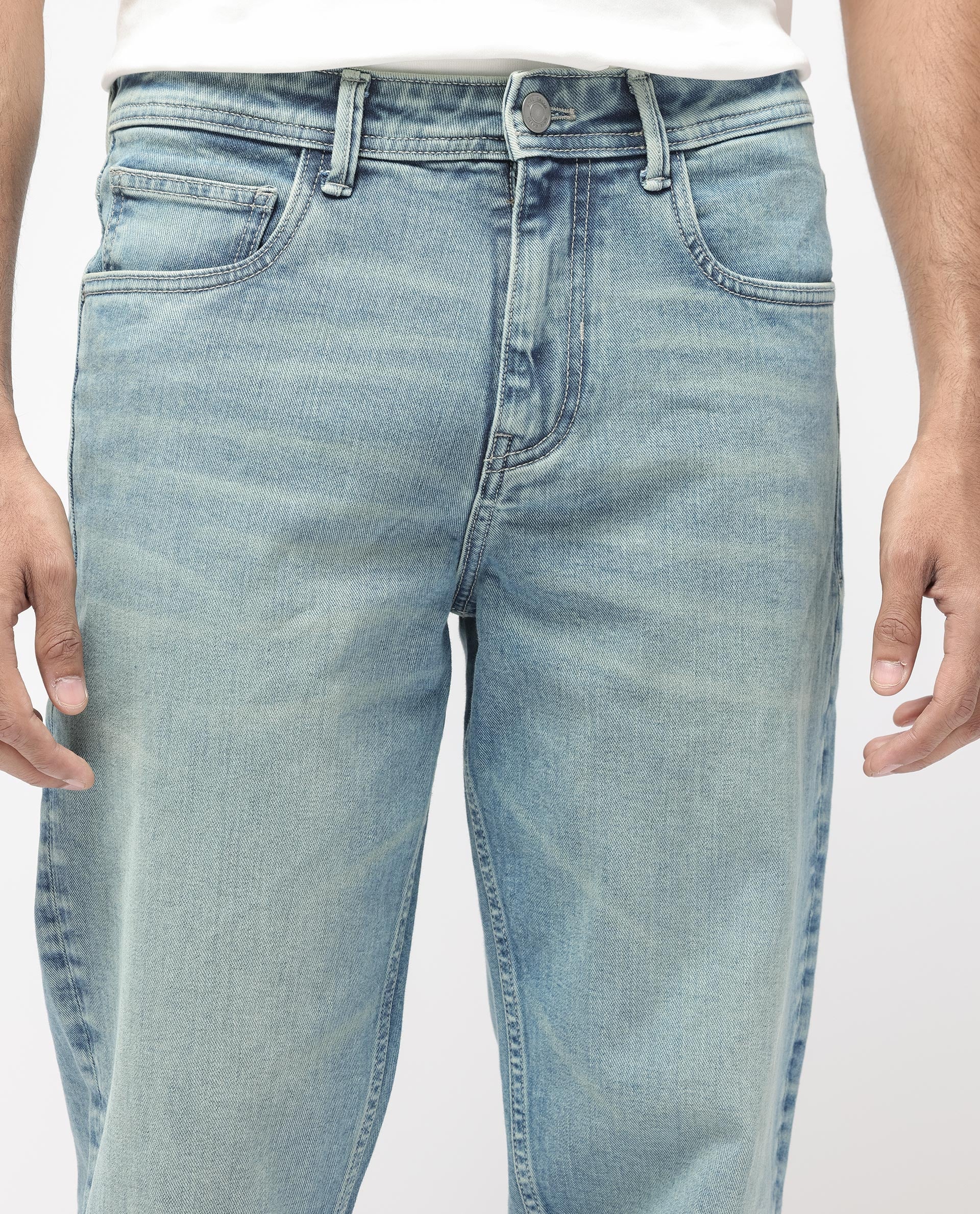 Rare Rabbit Men's Sam Pastel Blue Cotton Plain Kurt Carrot Fit Jeans - Image 6