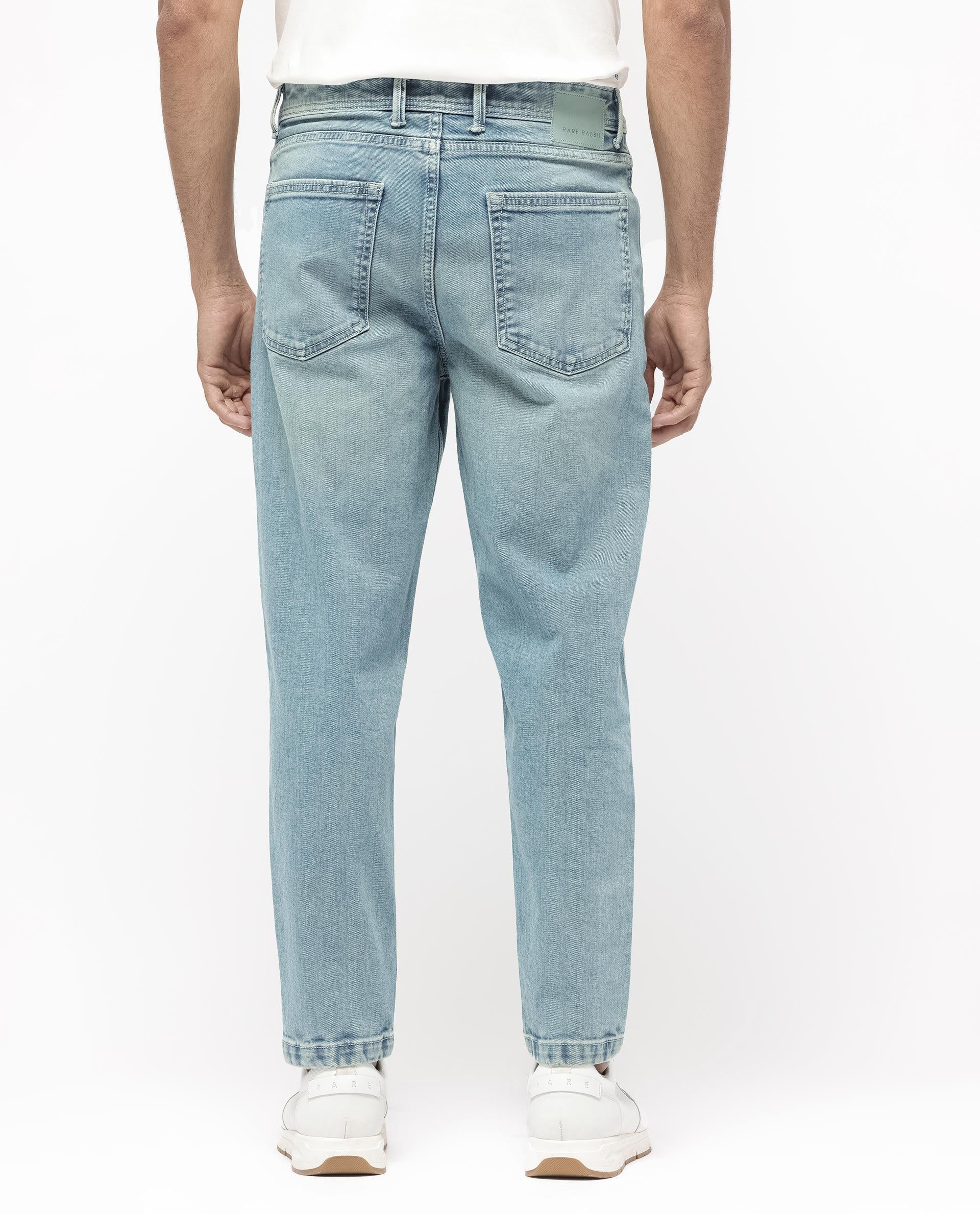 Rare Rabbit Men's Sam Pastel Blue Cotton Plain Kurt Carrot Fit Jeans - Image 8