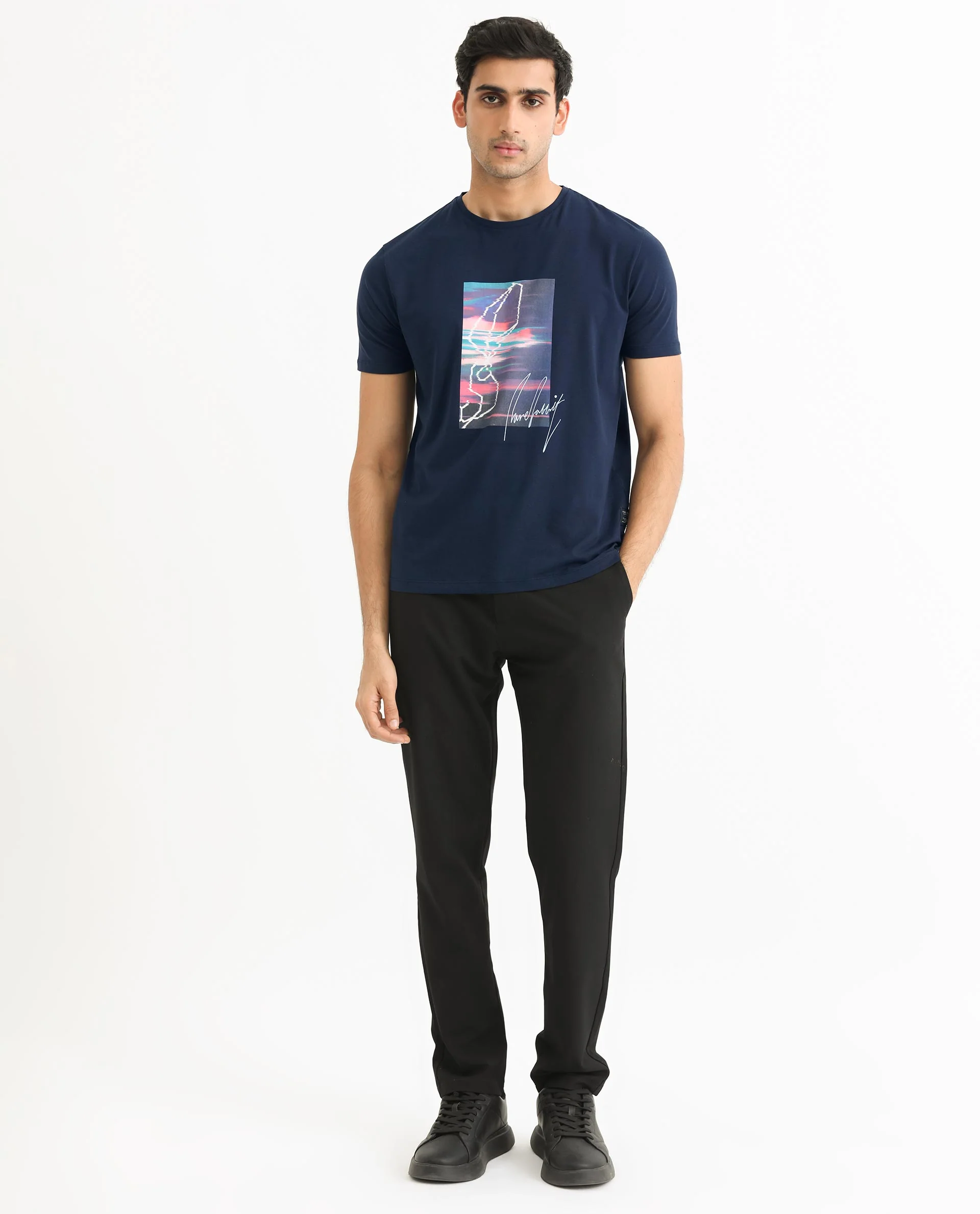 Rare Rabbit Men's Sam Navy Cotton Graphic Print Slim Fit Half Sleeve Crew Neck T-Shirt - Image 2