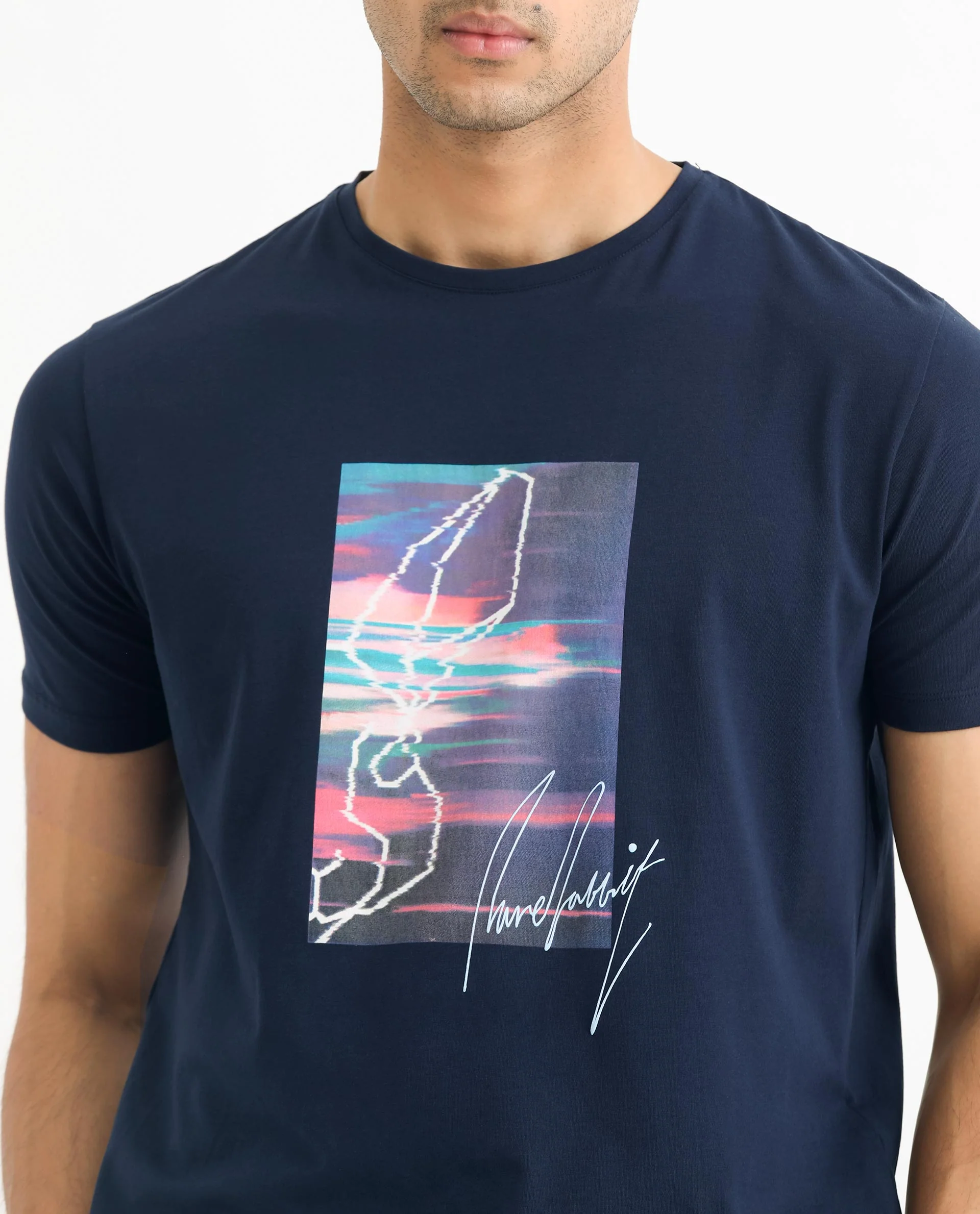 Rare Rabbit Men's Sam Navy Cotton Graphic Print Slim Fit Half Sleeve Crew Neck T-Shirt - Image 3