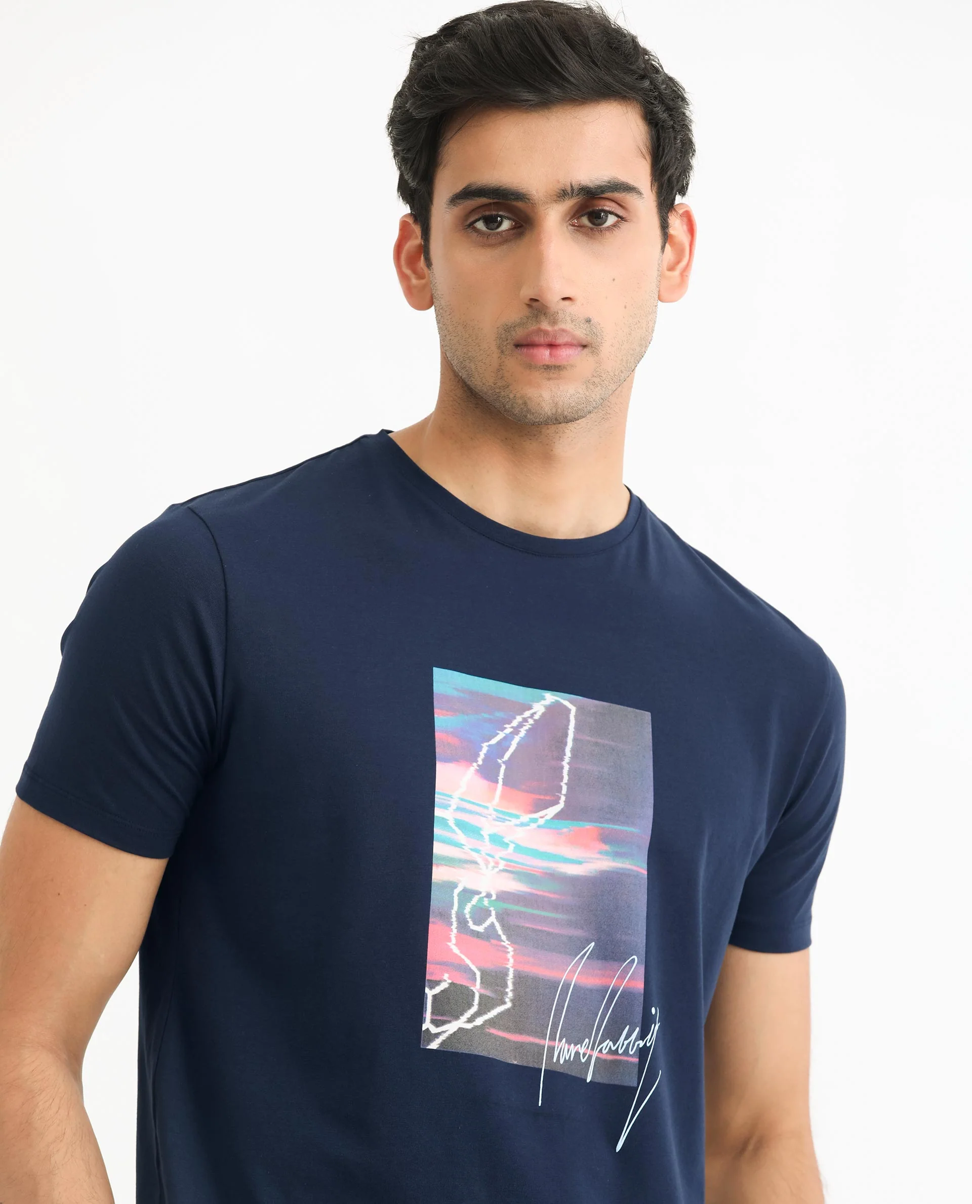Rare Rabbit Men's Sam Navy Cotton Graphic Print Slim Fit Half Sleeve Crew Neck T-Shirt - Image 4
