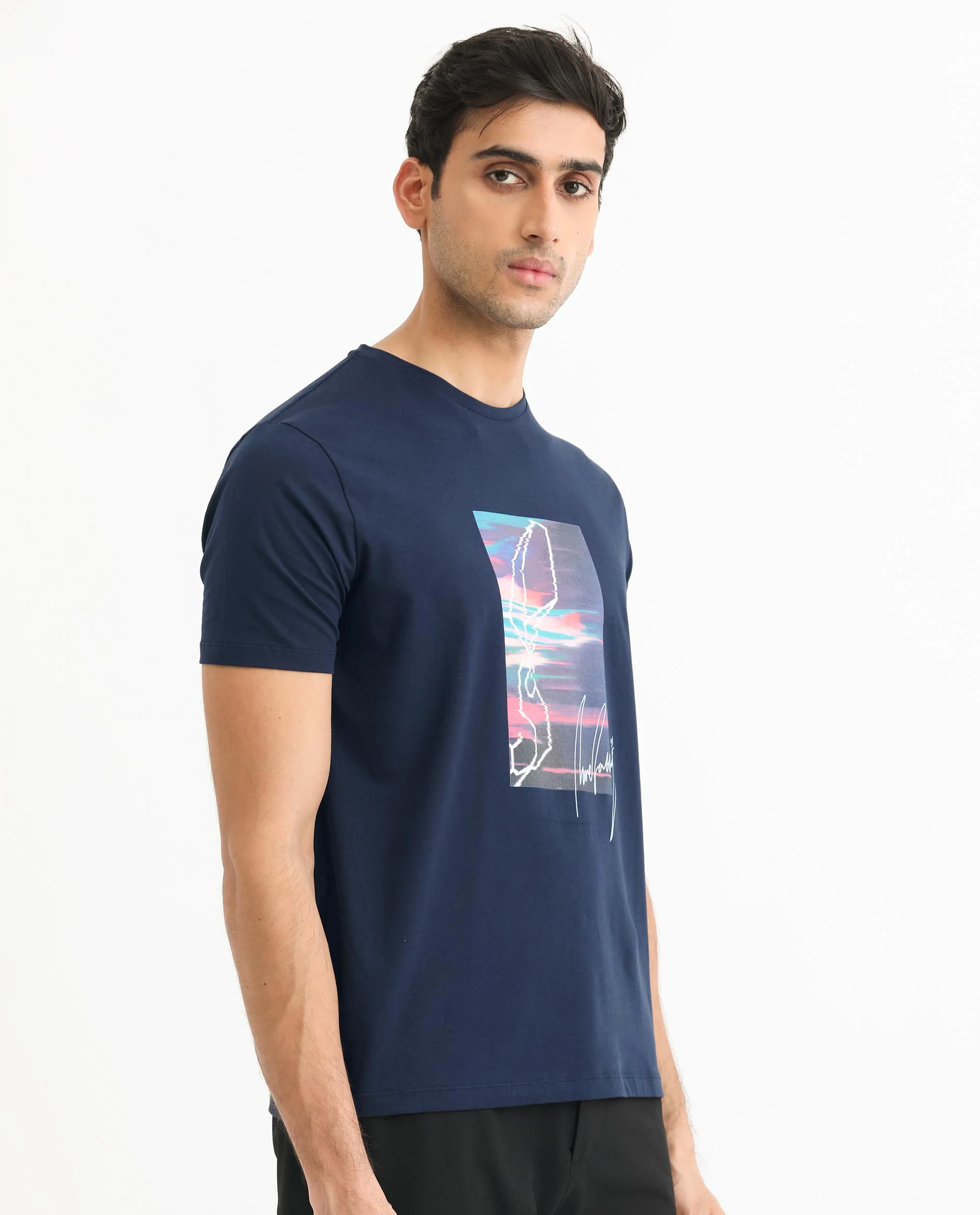 Rare Rabbit Men's Sam Navy Cotton Graphic Print Slim Fit Half Sleeve Crew Neck T-Shirt - Image 5