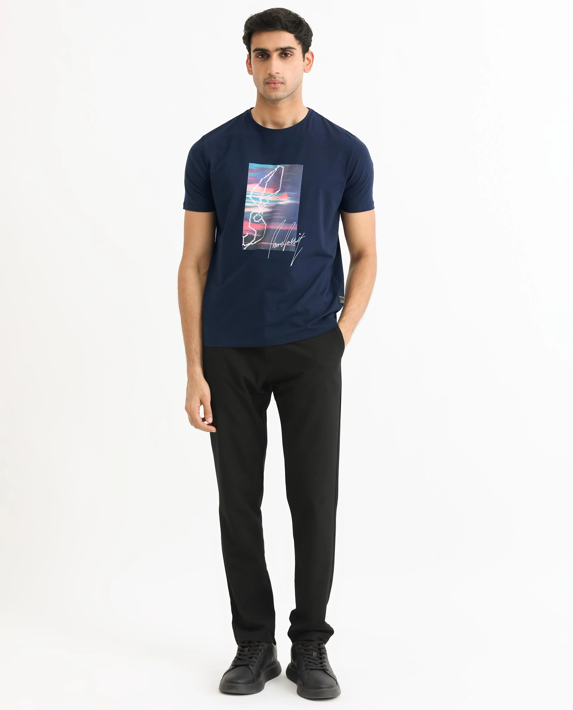 Rare Rabbit Men's Sam Navy Cotton Graphic Print Slim Fit Half Sleeve Crew Neck T-Shirt - Image 6