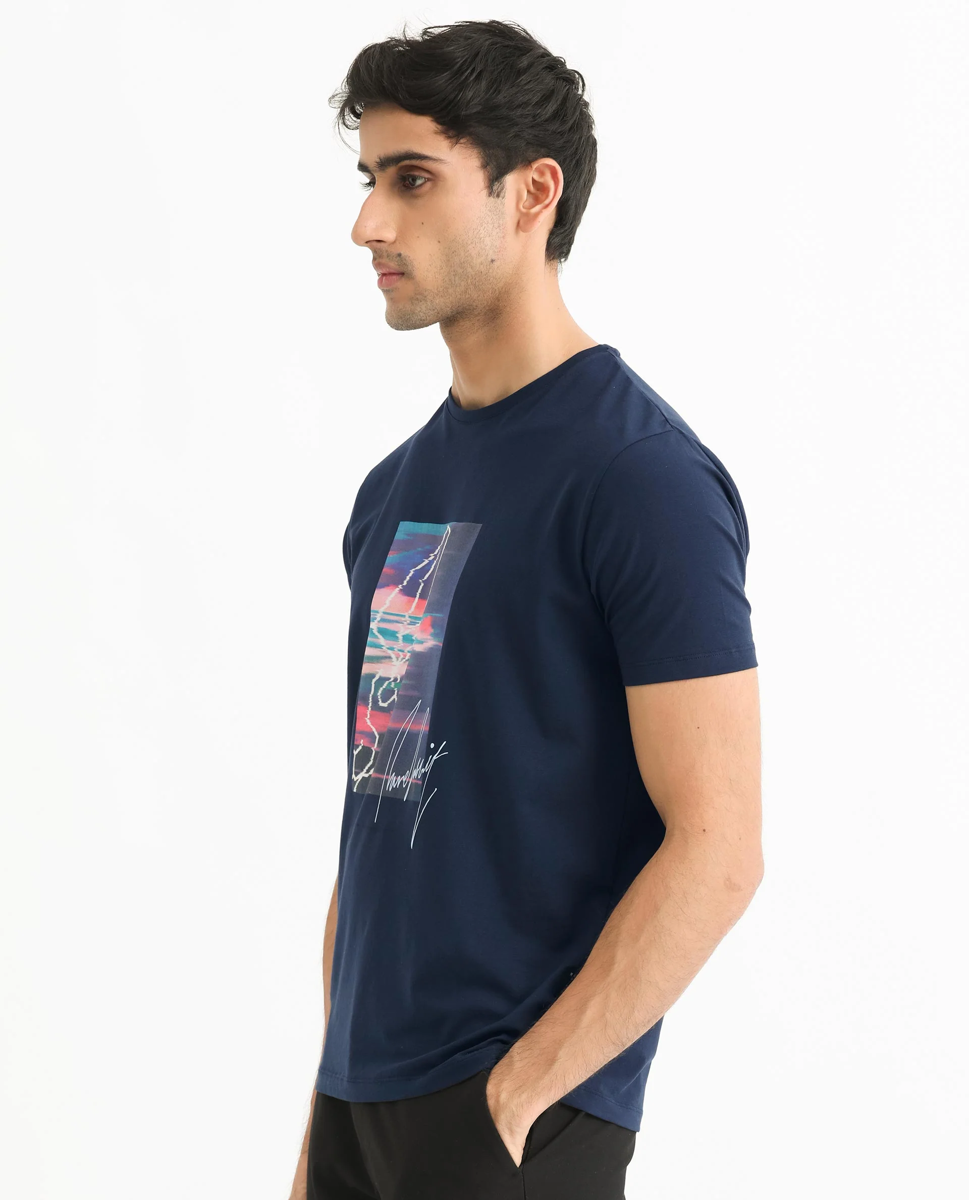 Rare Rabbit Men's Sam Navy Cotton Graphic Print Slim Fit Half Sleeve Crew Neck T-Shirt - Image 7