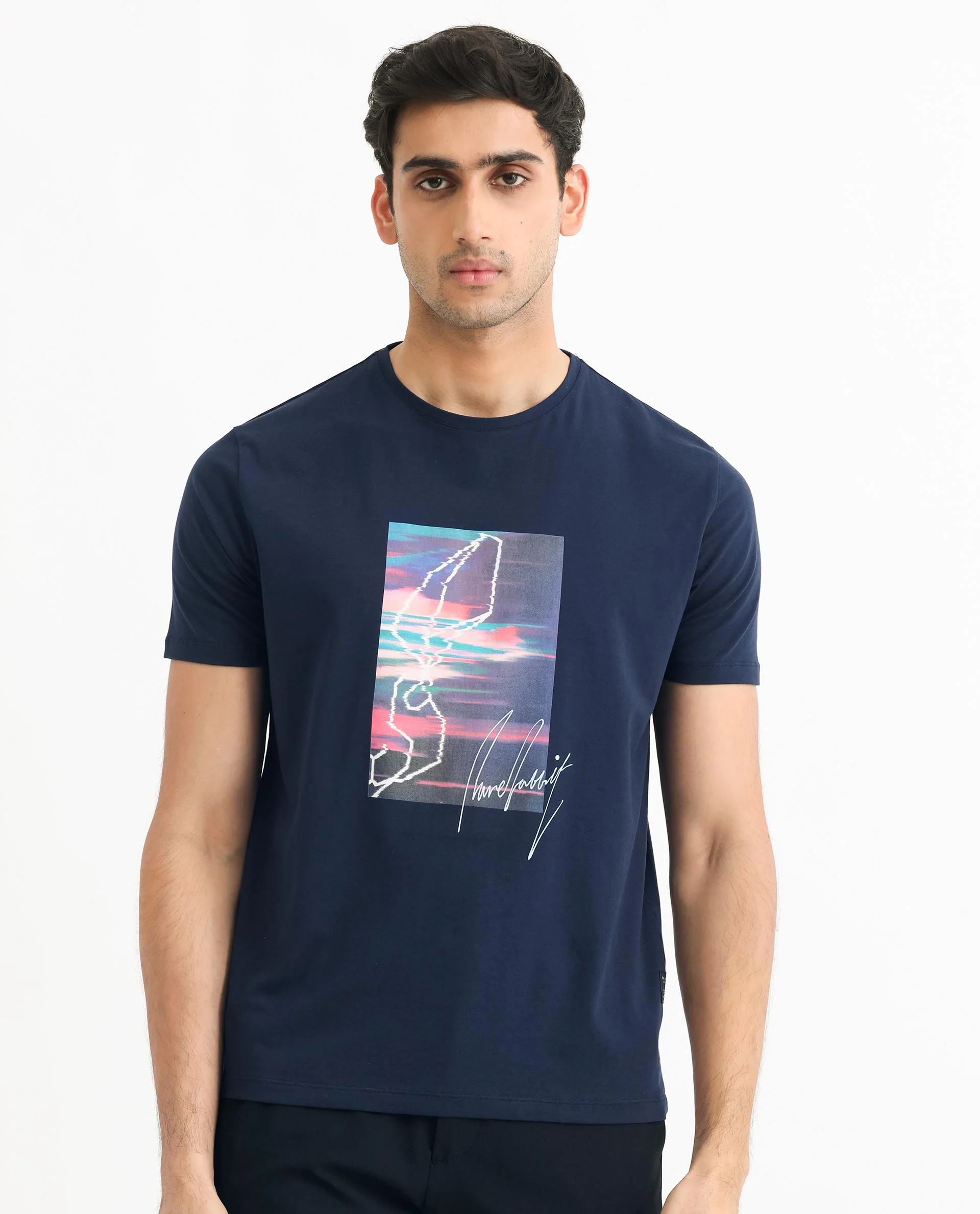 Rare Rabbit Men's Sam Navy Cotton Graphic Print Slim Fit Half Sleeve Crew Neck T-Shirt - Image 8