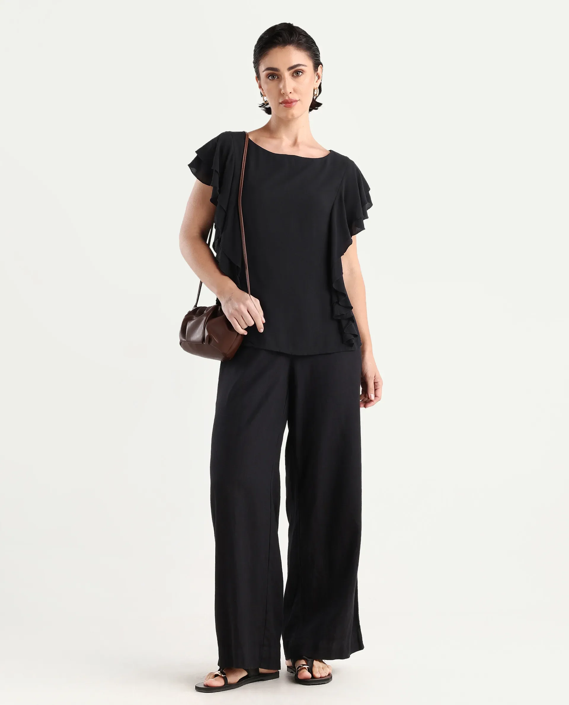 Rareism Women's Samal Black Viscose Blend Boat Neck Plain Ruffled Sleeve Regular Fit Top - Image 2