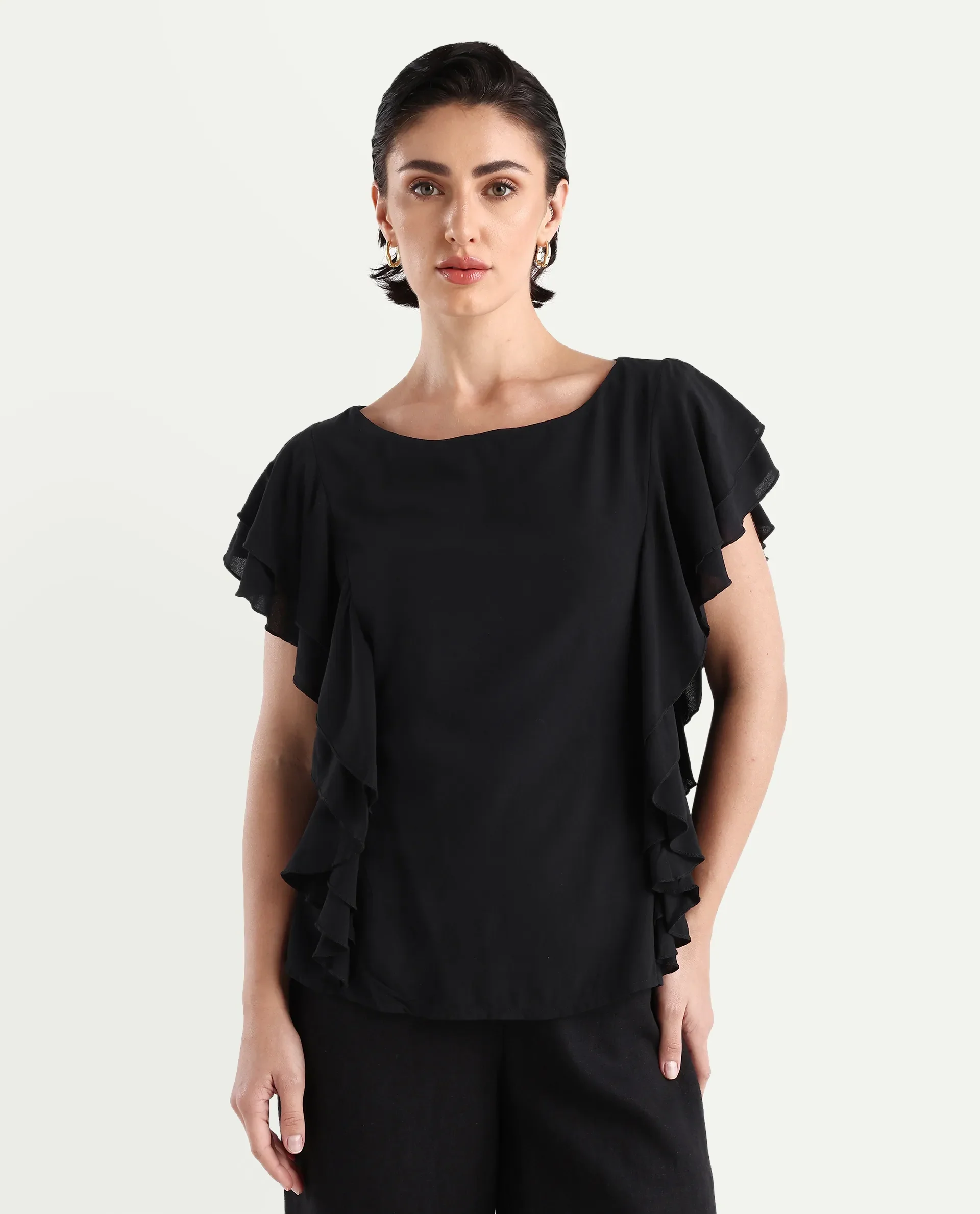 Rareism Women's Samal Black Viscose Blend Boat Neck Plain Ruffled Sleeve Regular Fit Top - Image 3