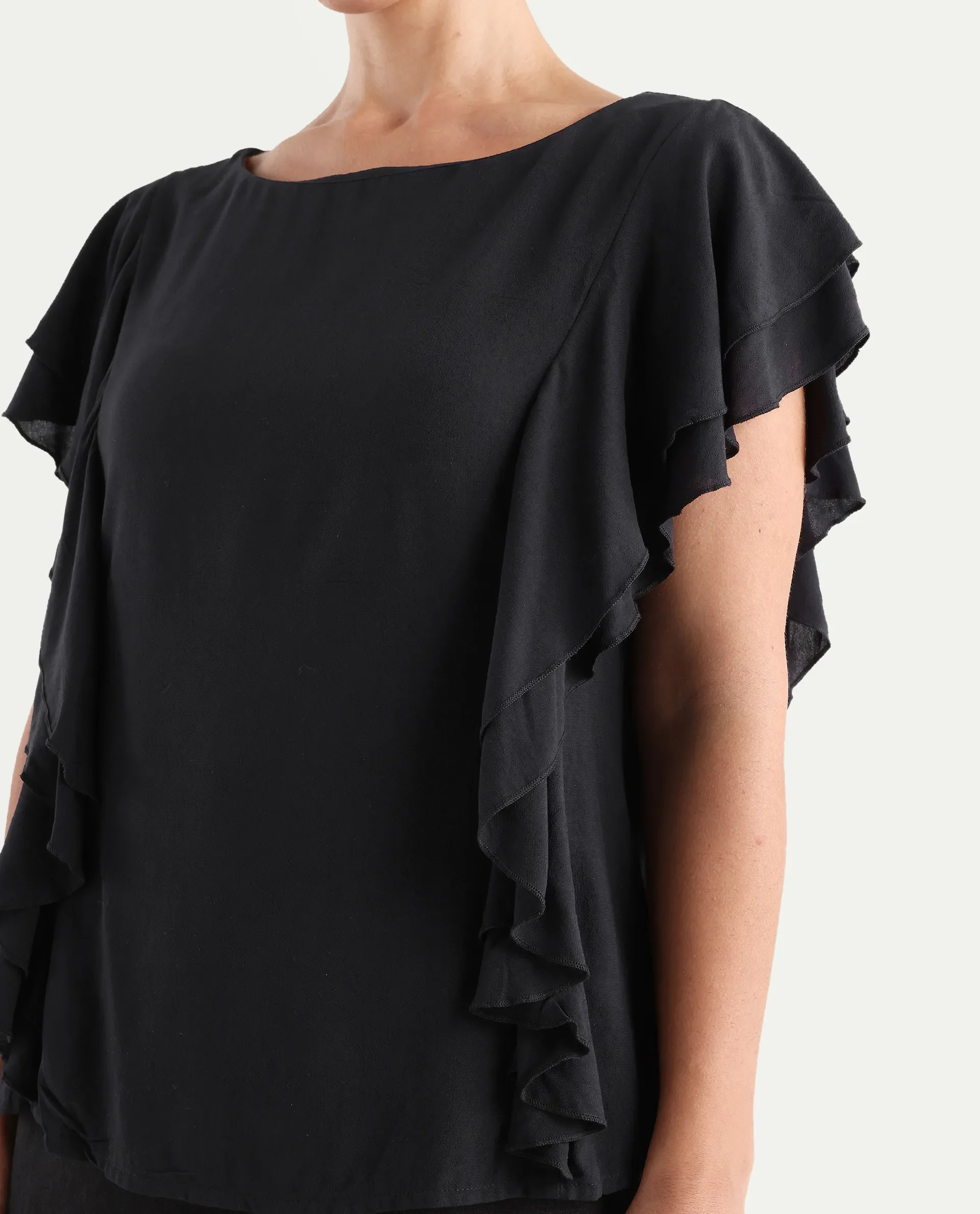 Rareism Women's Samal Black Viscose Blend Boat Neck Plain Ruffled Sleeve Regular Fit Top - Image 4