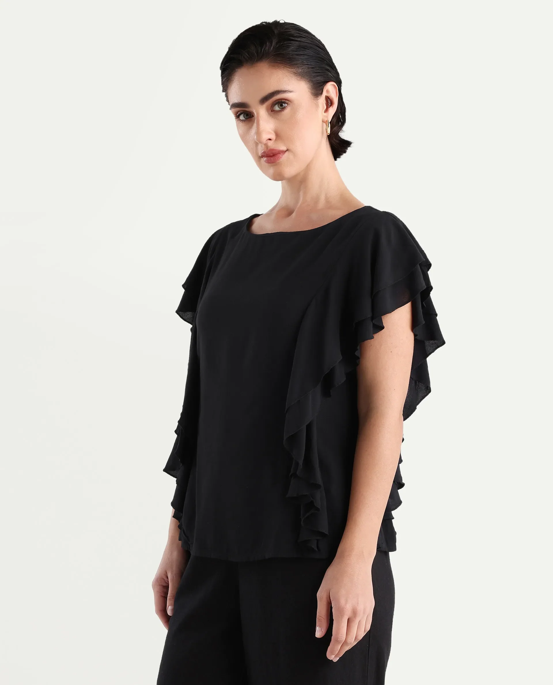 Rareism Women's Samal Black Viscose Blend Boat Neck Plain Ruffled Sleeve Regular Fit Top - Image 5