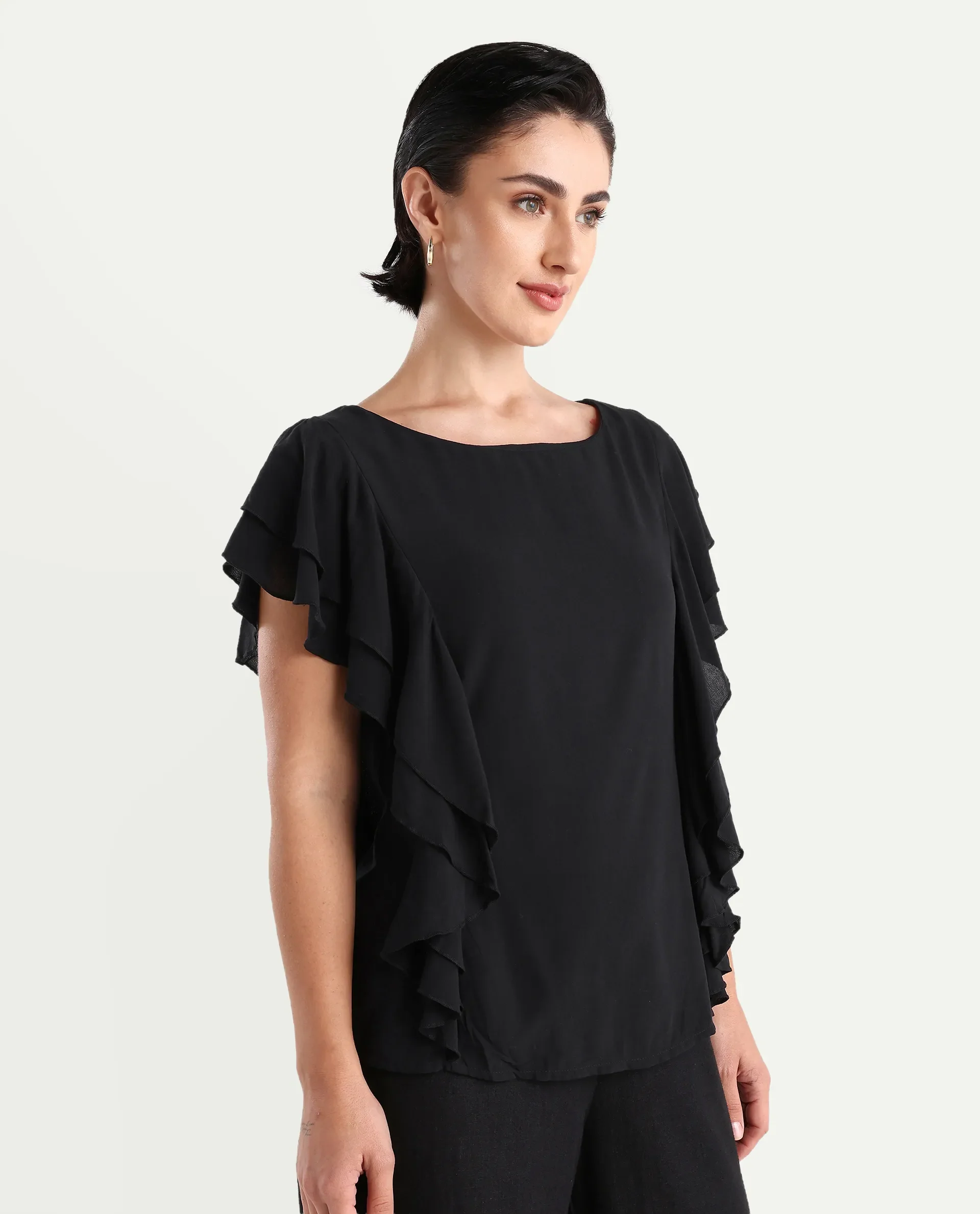 Rareism Women's Samal Black Viscose Blend Boat Neck Plain Ruffled Sleeve Regular Fit Top - Image 6