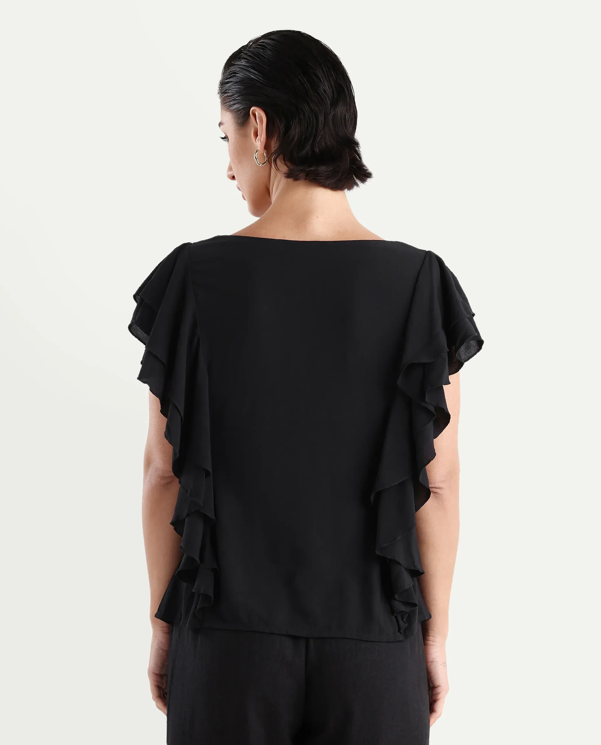 Rareism Women's Samal Black Viscose Blend Boat Neck Plain Ruffled Sleeve Regular Fit Top - Image 7