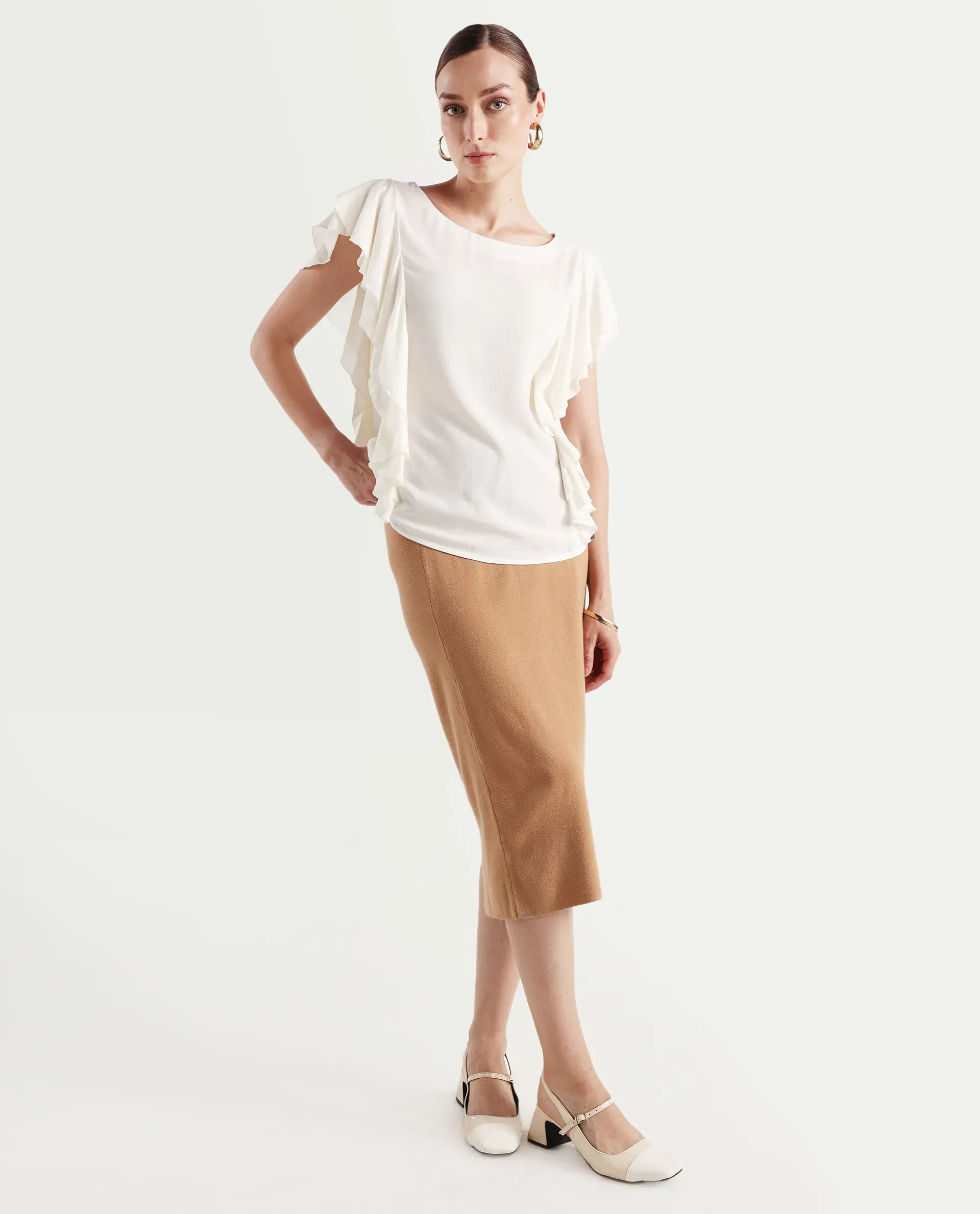 Rareism Women's Samal Off White Viscose Blend Boat Neck Plain Ruffled Sleeve Regular Fit Top - Image 2