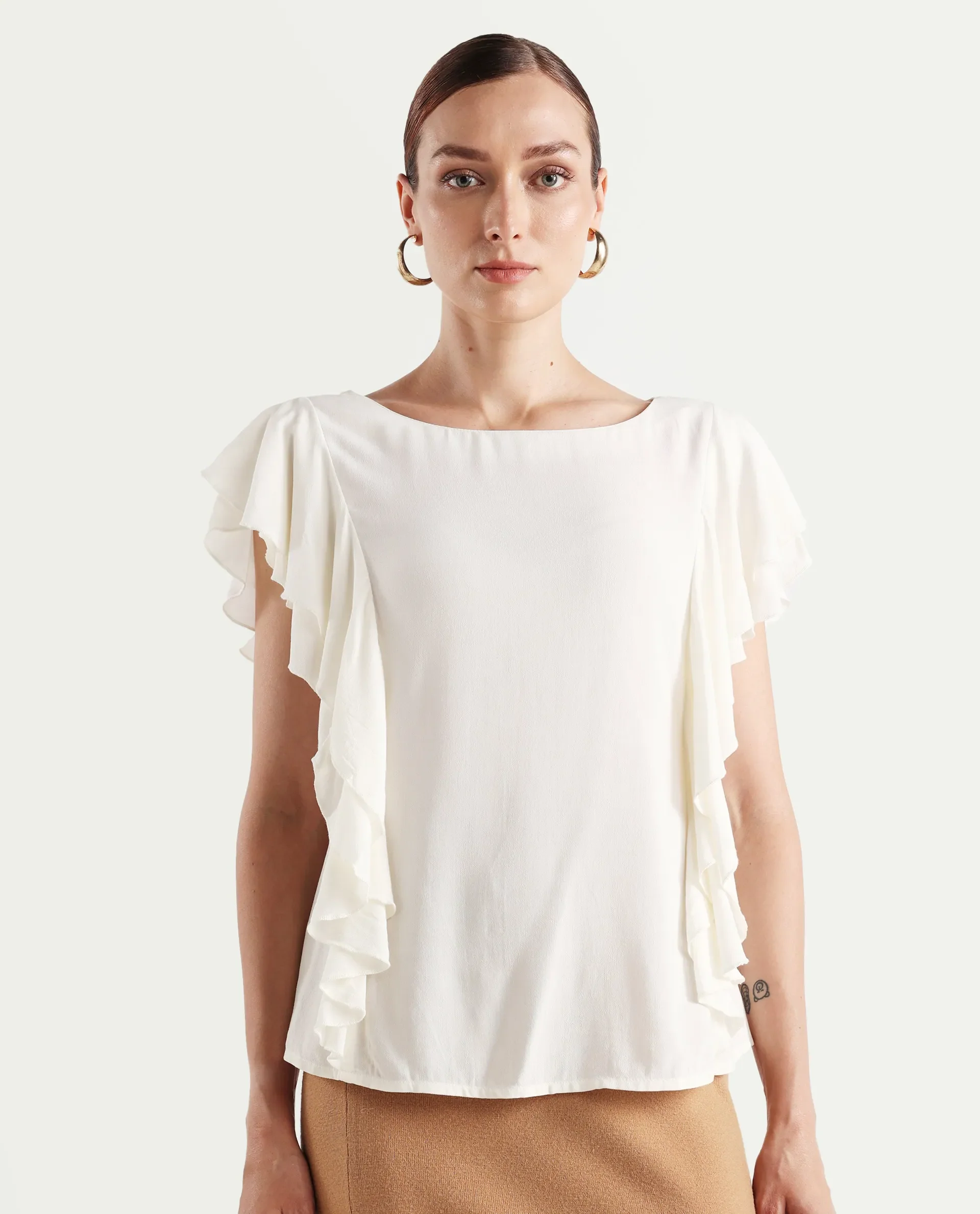 Rareism Women's Samal Off White Viscose Blend Boat Neck Plain Ruffled Sleeve Regular Fit Top - Image 3