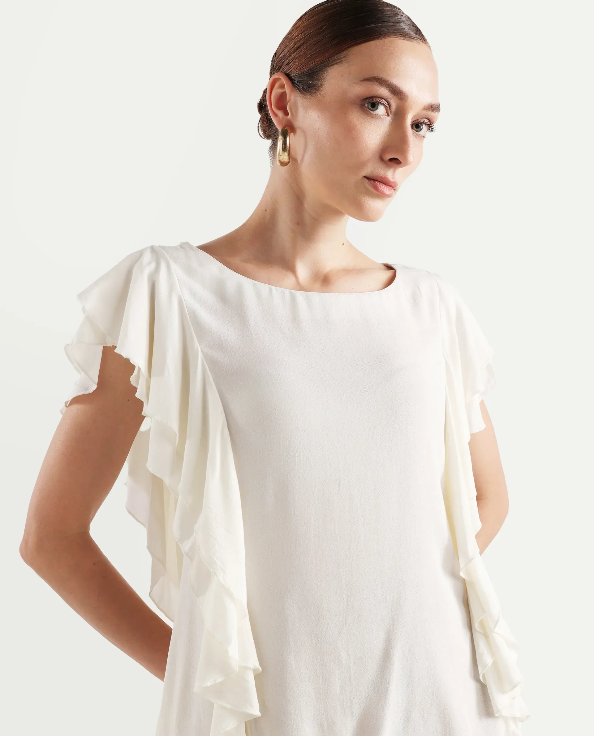 Rareism Women's Samal Off White Viscose Blend Boat Neck Plain Ruffled Sleeve Regular Fit Top - Image 4