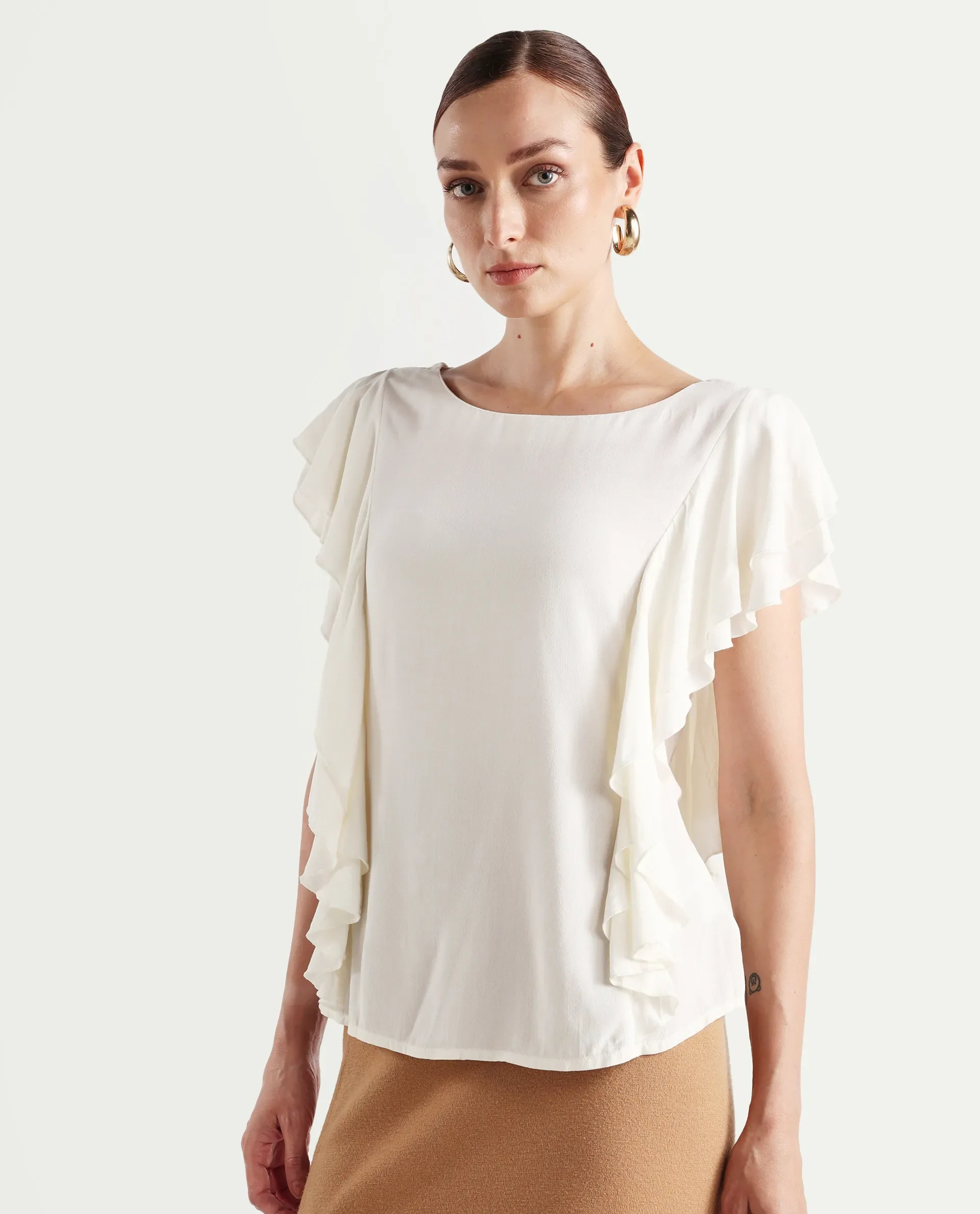 Rareism Women's Samal Off White Viscose Blend Boat Neck Plain Ruffled Sleeve Regular Fit Top - Image 5