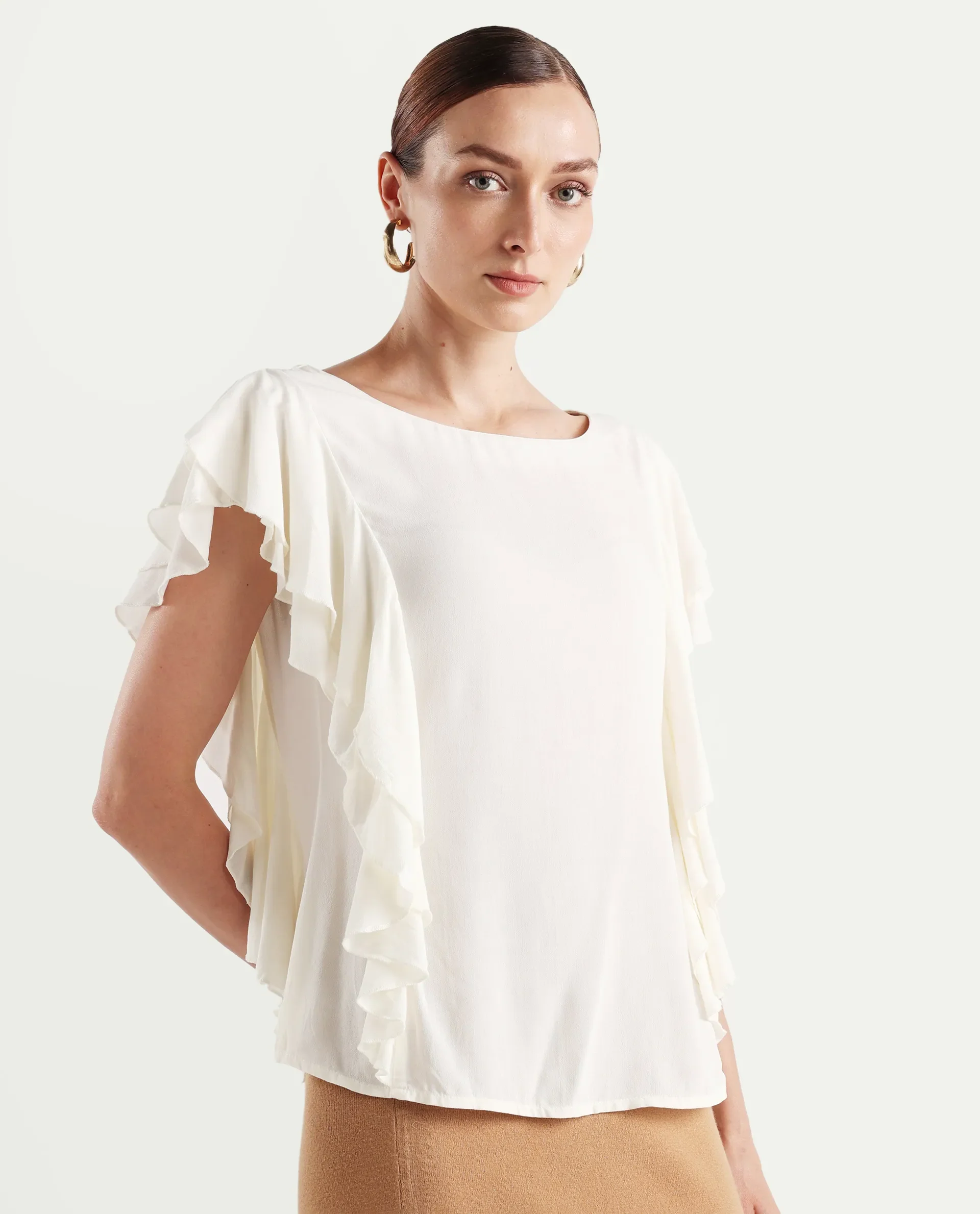 Rareism Women's Samal Off White Viscose Blend Boat Neck Plain Ruffled Sleeve Regular Fit Top - Image 6