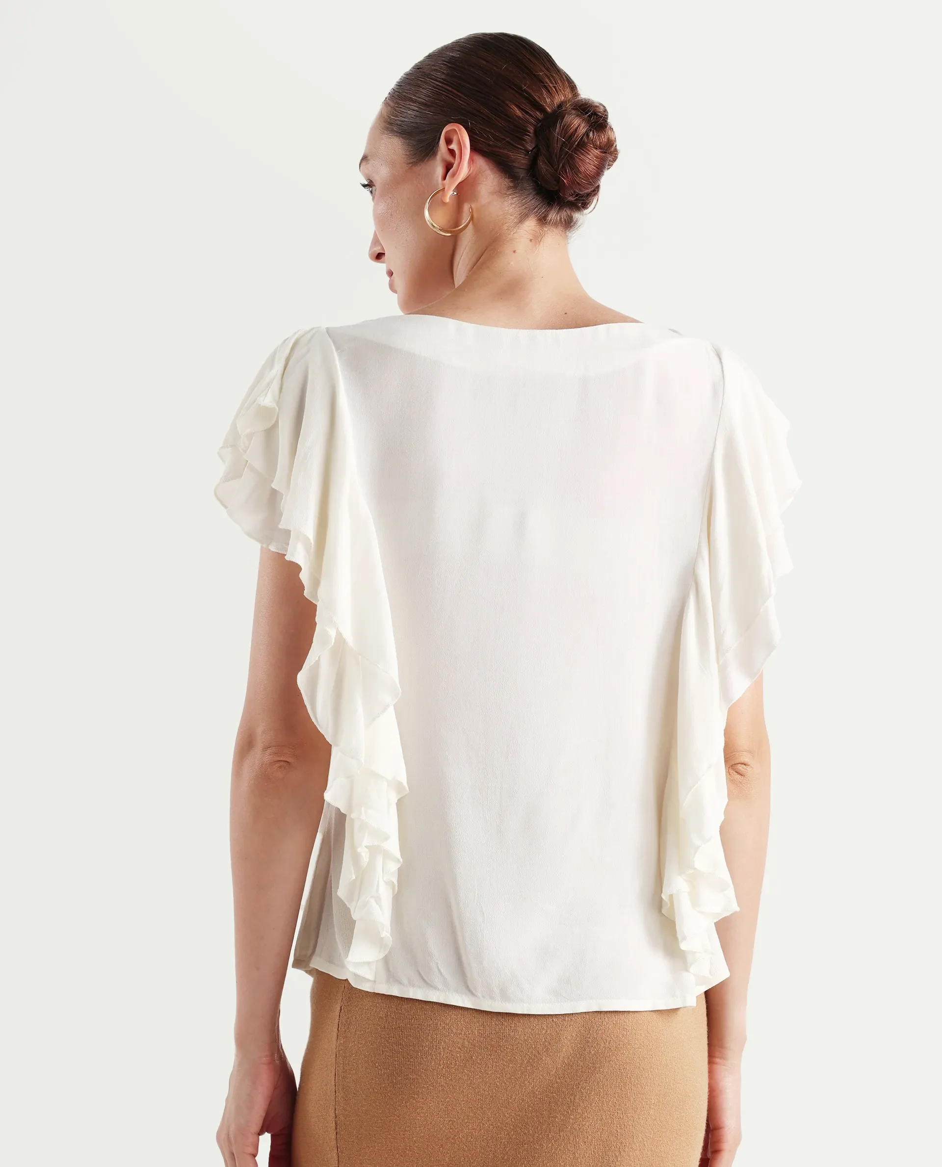 Rareism Women's Samal Off White Viscose Blend Boat Neck Plain Ruffled Sleeve Regular Fit Top - Image 7