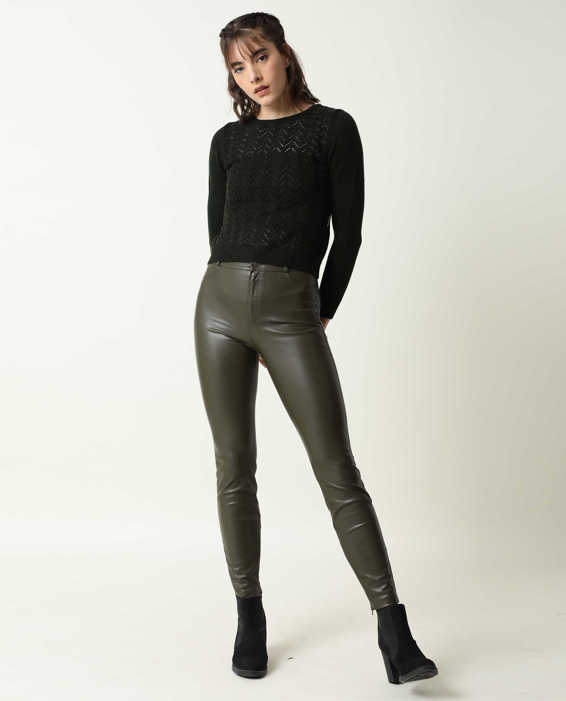 Rareism Women's Sami Olive Acrylic Crew Neck Plain Slim Fit Sweater - Image 2