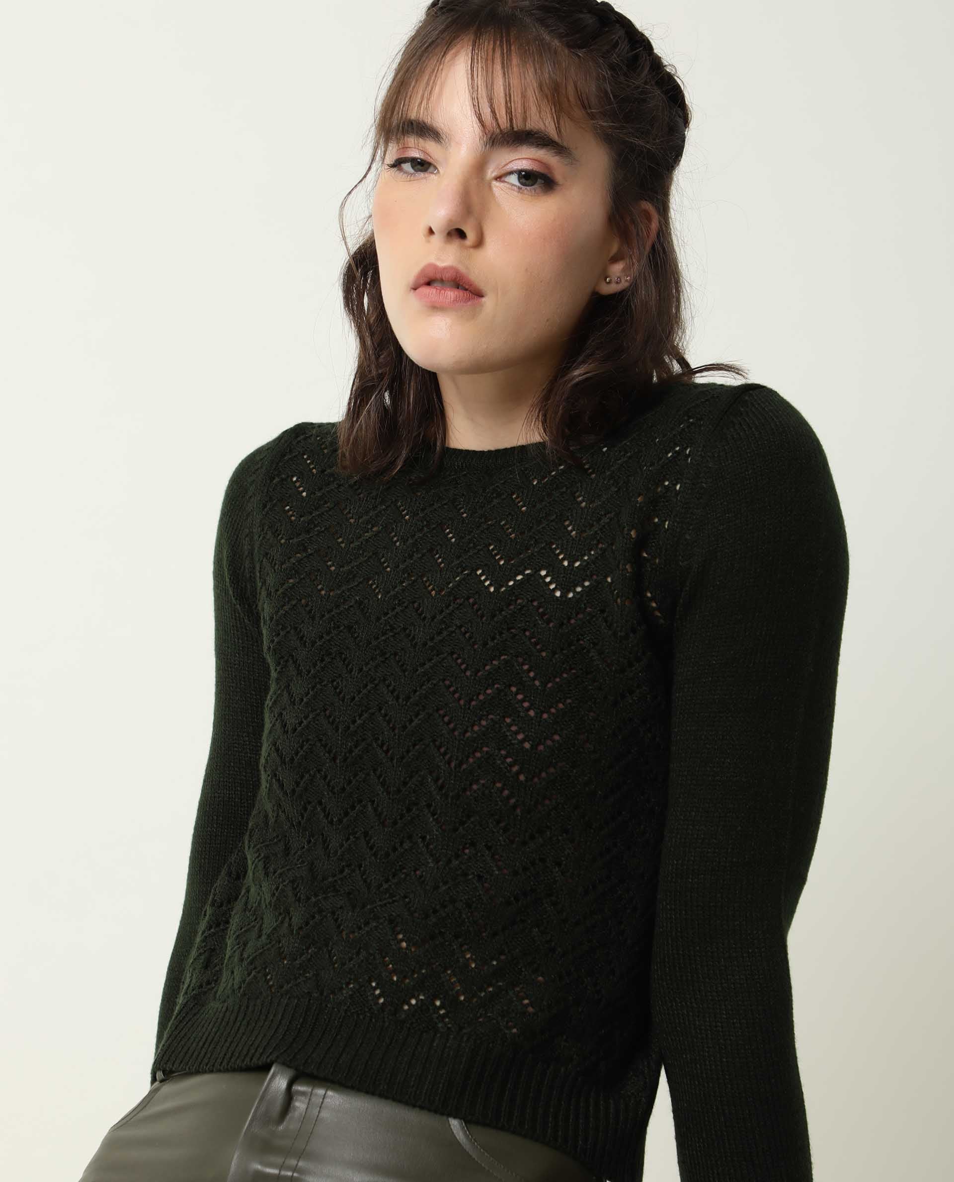 Rareism Women's Sami Olive Acrylic Crew Neck Plain Slim Fit Sweater - Image 3