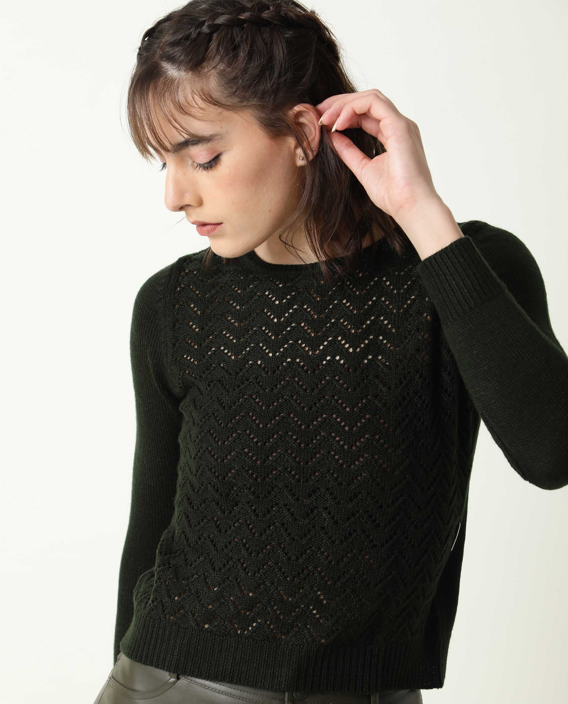 Rareism Women's Sami Olive Acrylic Crew Neck Plain Slim Fit Sweater - Image 4