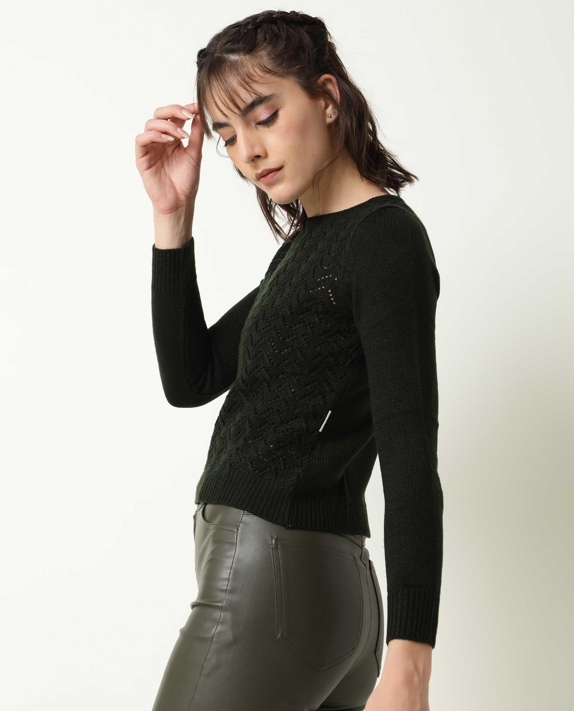 Rareism Women's Sami Olive Acrylic Crew Neck Plain Slim Fit Sweater - Image 5