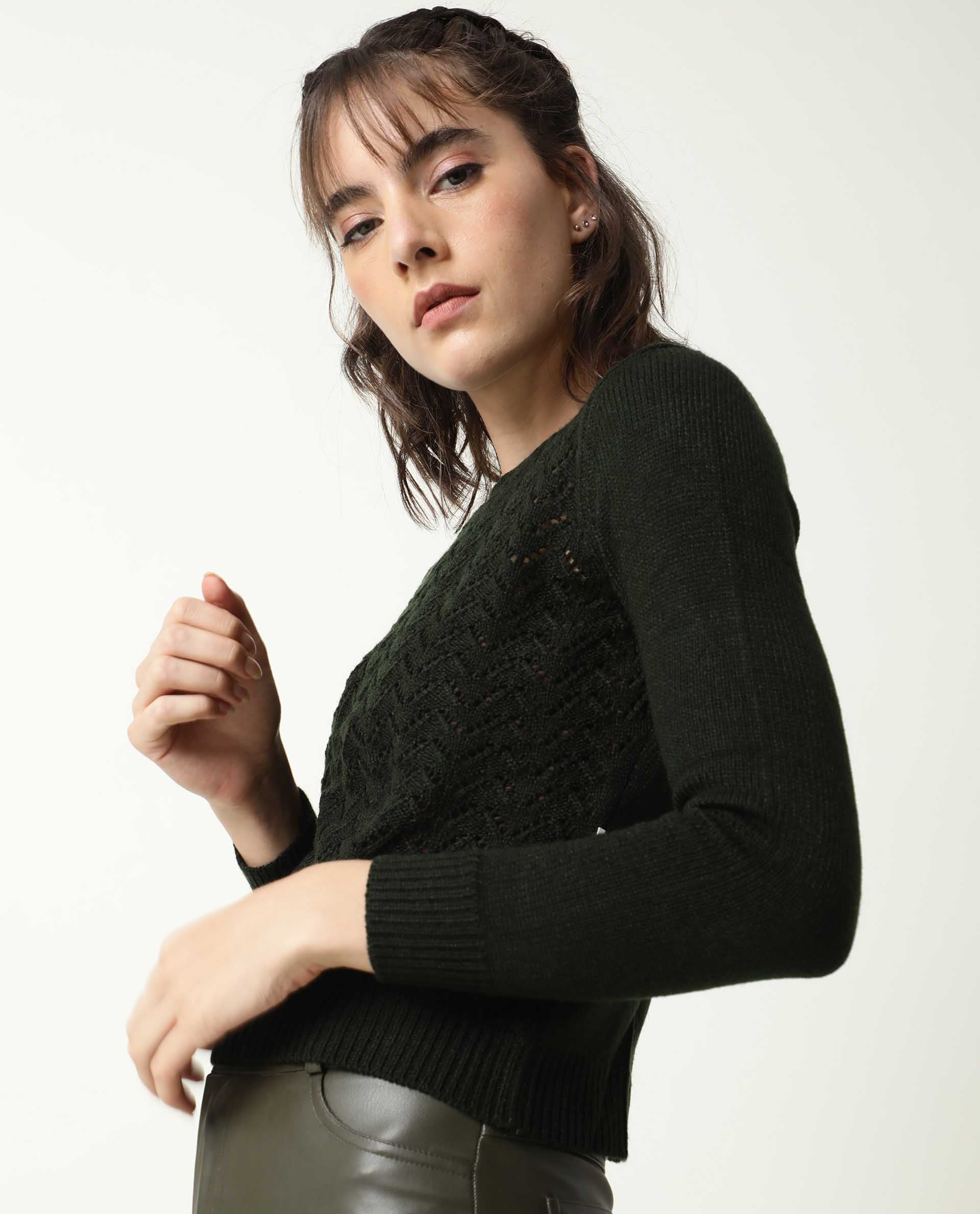 Rareism Women's Sami Olive Acrylic Crew Neck Plain Slim Fit Sweater - Image 6