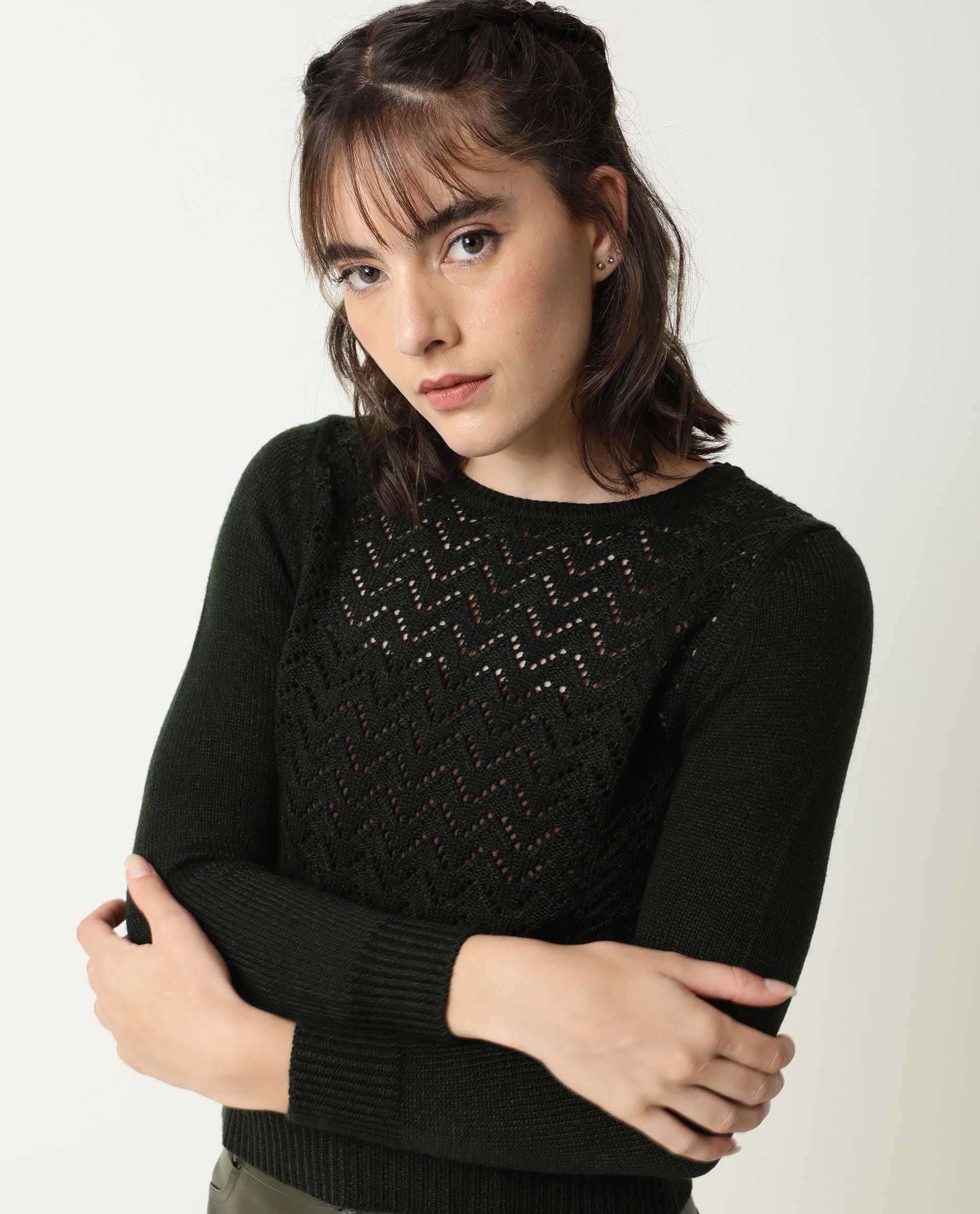 Rareism Women's Sami Olive Acrylic Crew Neck Plain Slim Fit Sweater - Image 7