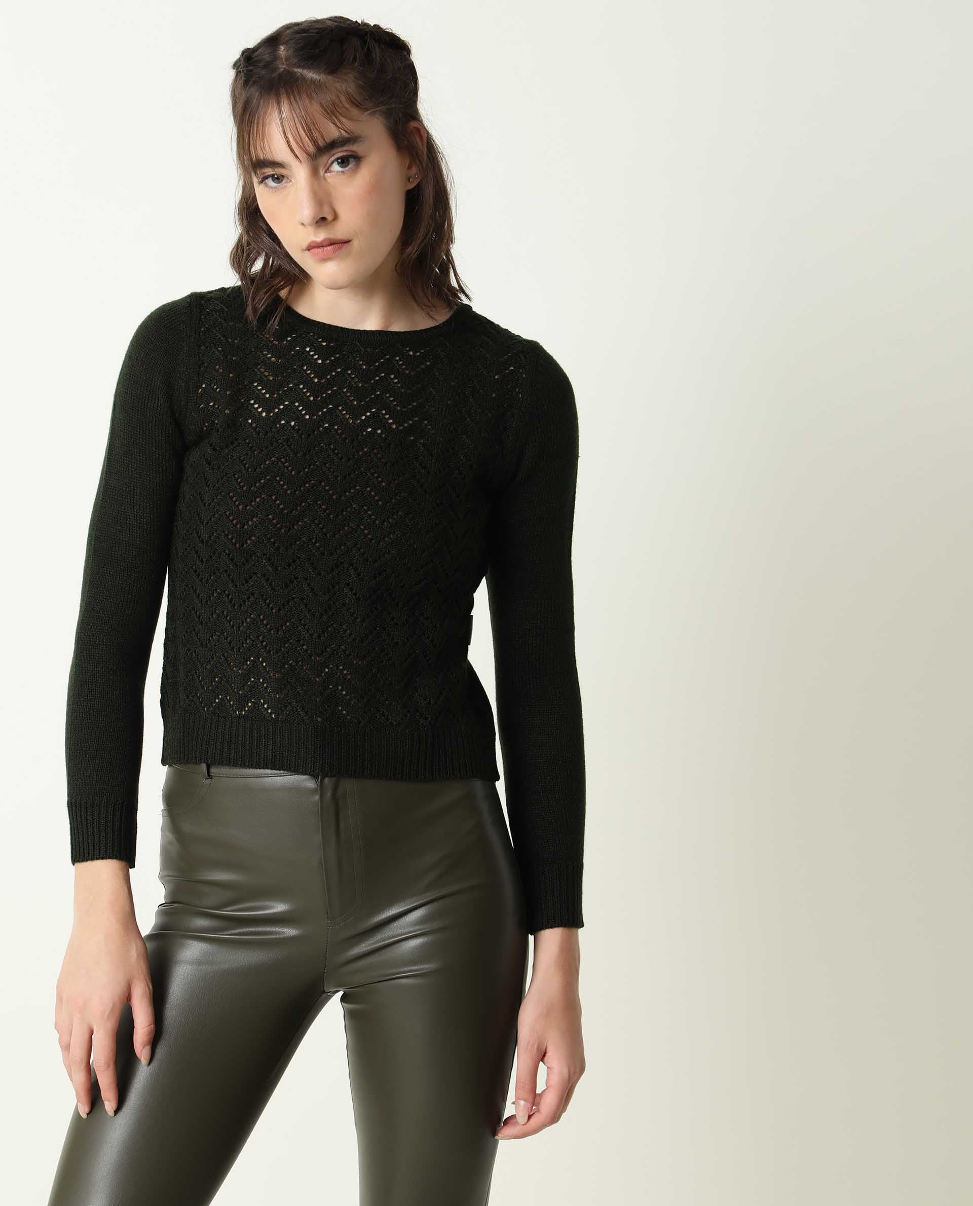 Rareism Women's Sami Olive Acrylic Crew Neck Plain Slim Fit Sweater - Image 8