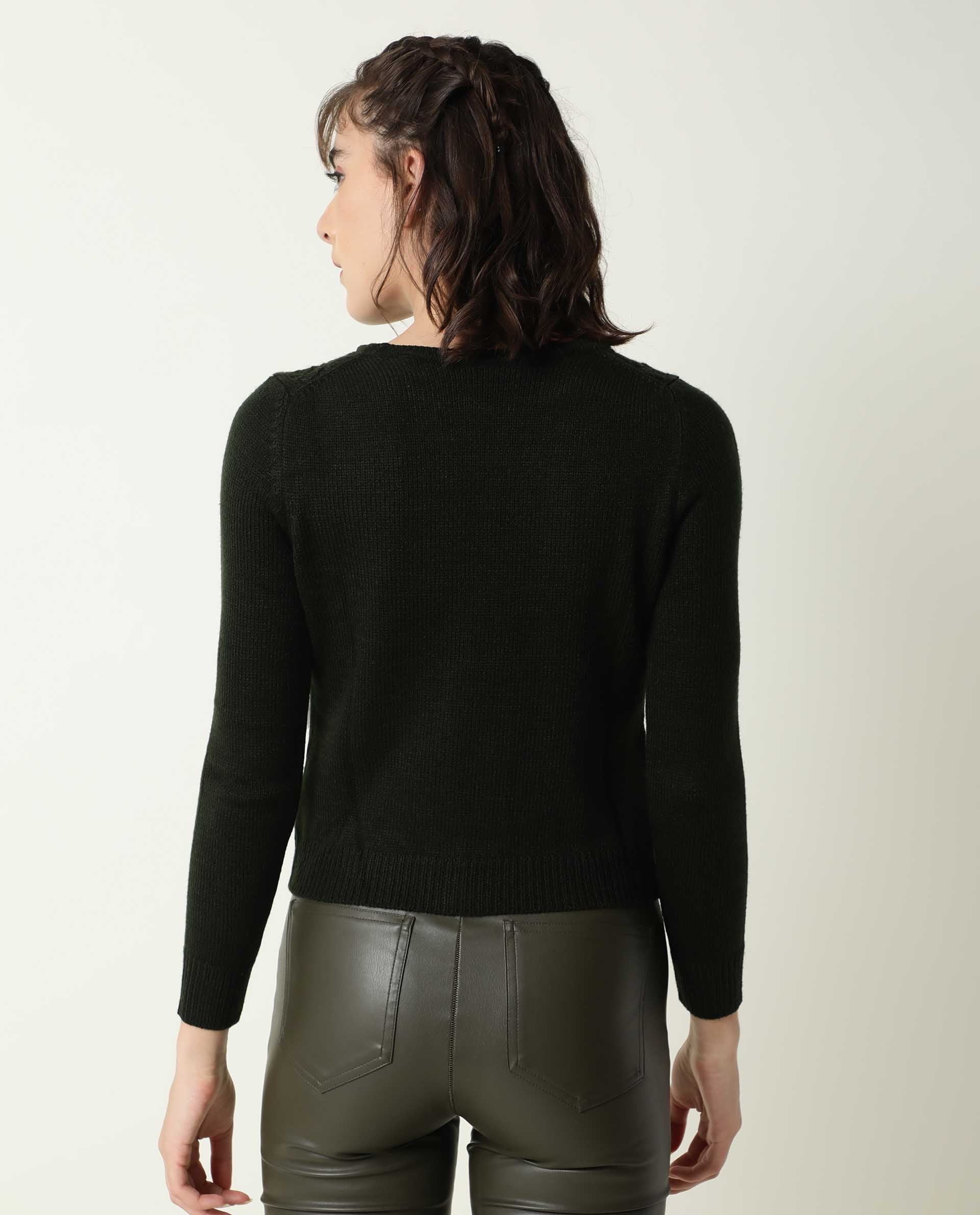 Rareism Women's Sami Olive Acrylic Crew Neck Plain Slim Fit Sweater - Image 9