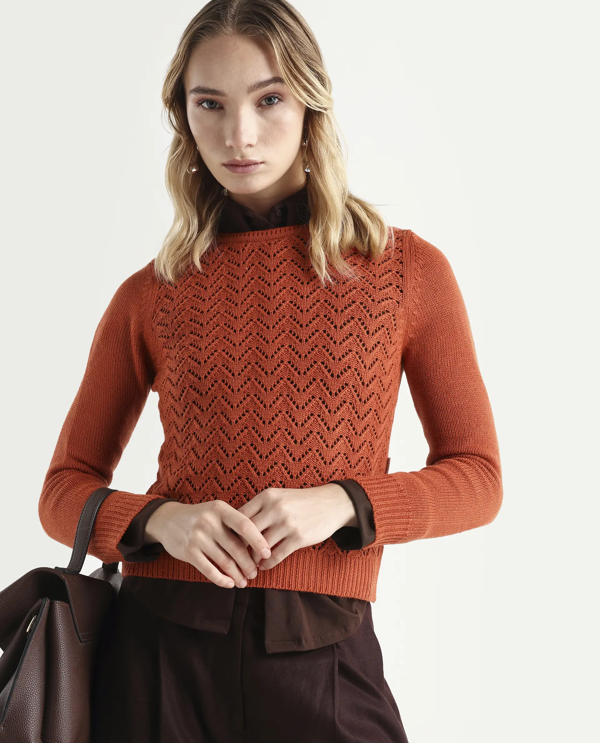 Rareism Women's Sami Orange Acrylic Crew Neck Plain Slim Fit Sweater
