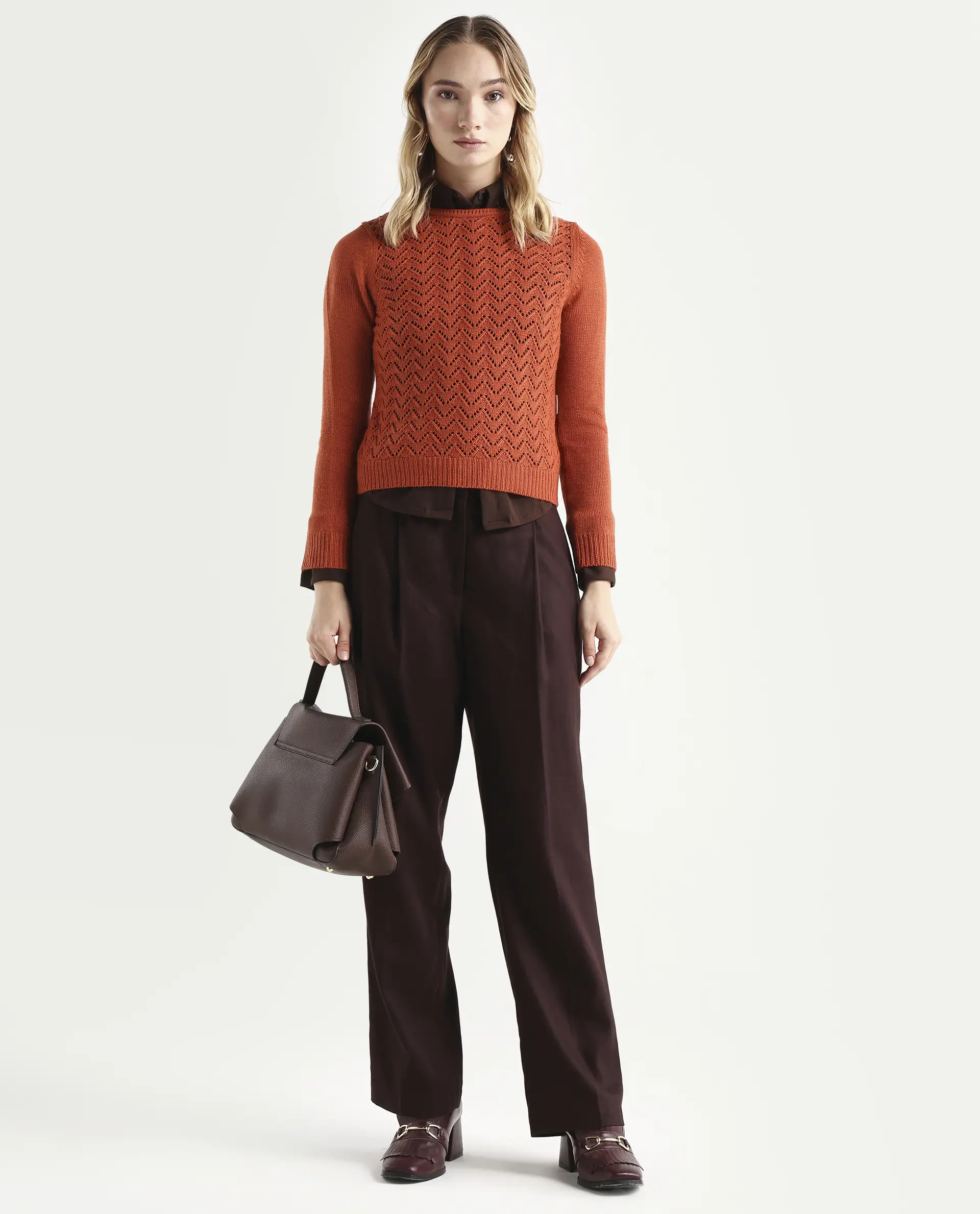 Rareism Women's Sami Orange Acrylic Crew Neck Plain Slim Fit Sweater - Image 2