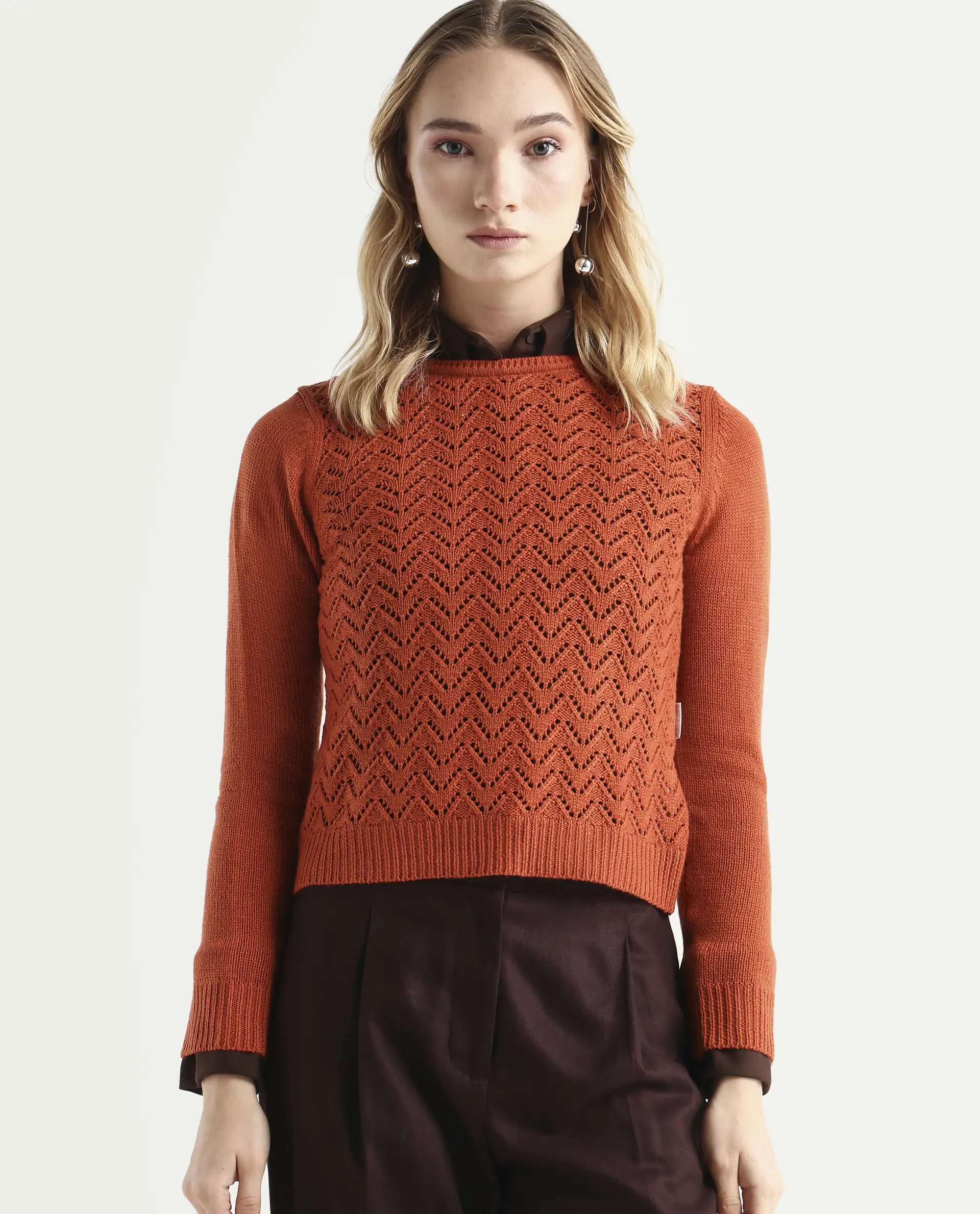 Rareism Women's Sami Orange Acrylic Crew Neck Plain Slim Fit Sweater - Image 3