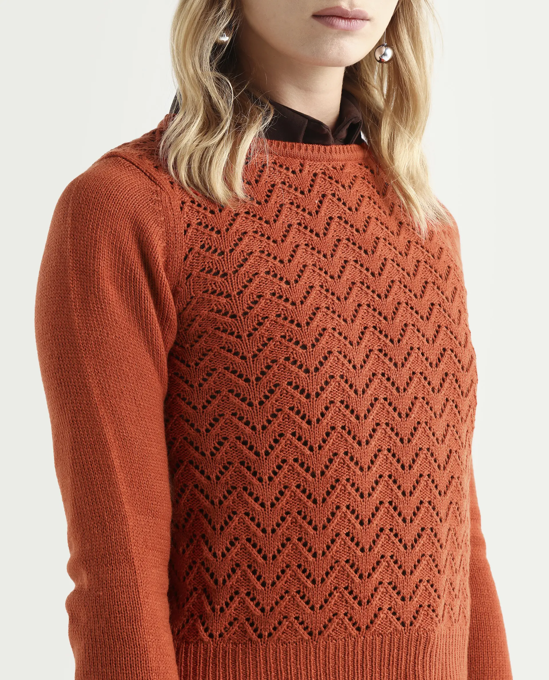 Rareism Women's Sami Orange Acrylic Crew Neck Plain Slim Fit Sweater - Image 4