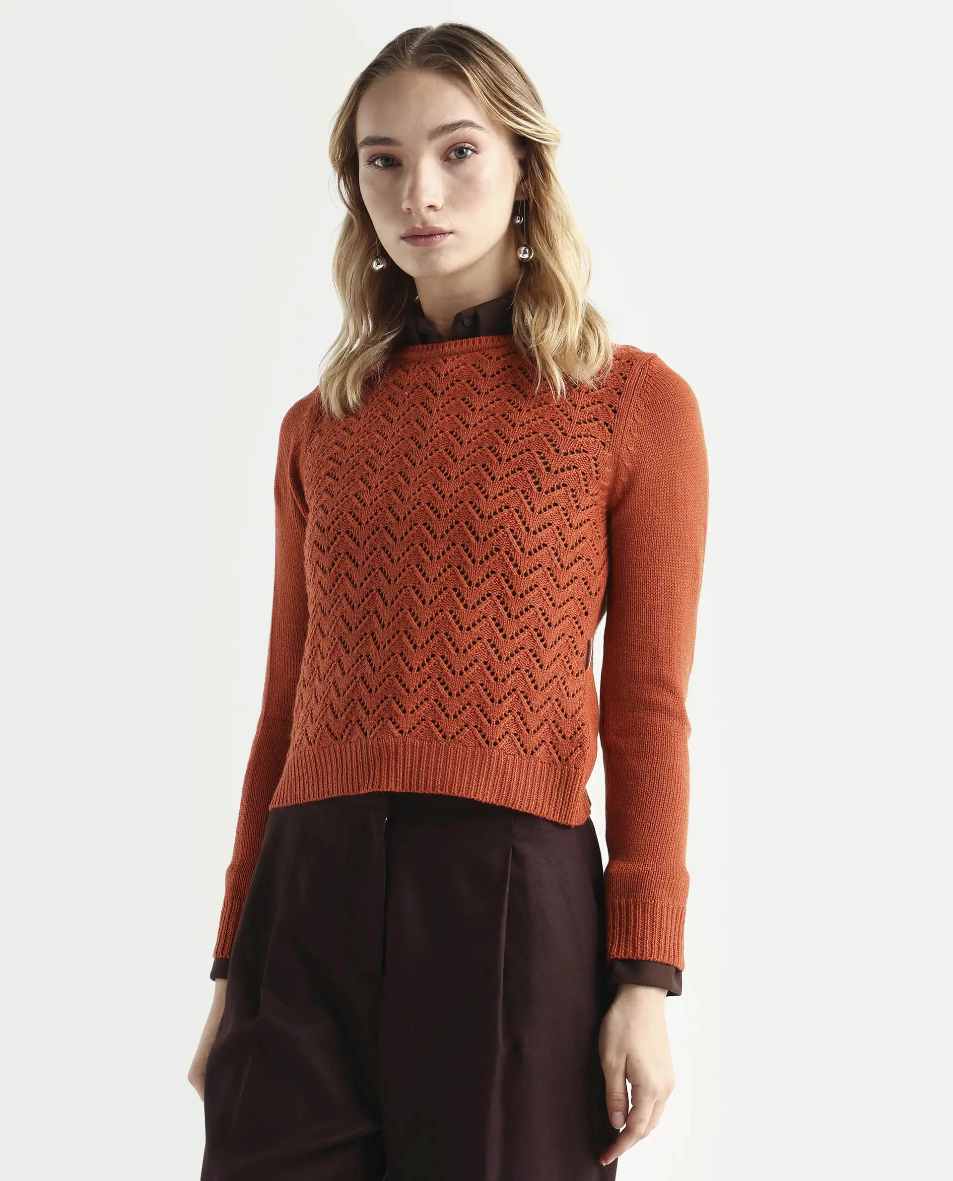 Rareism Women's Sami Orange Acrylic Crew Neck Plain Slim Fit Sweater - Image 5
