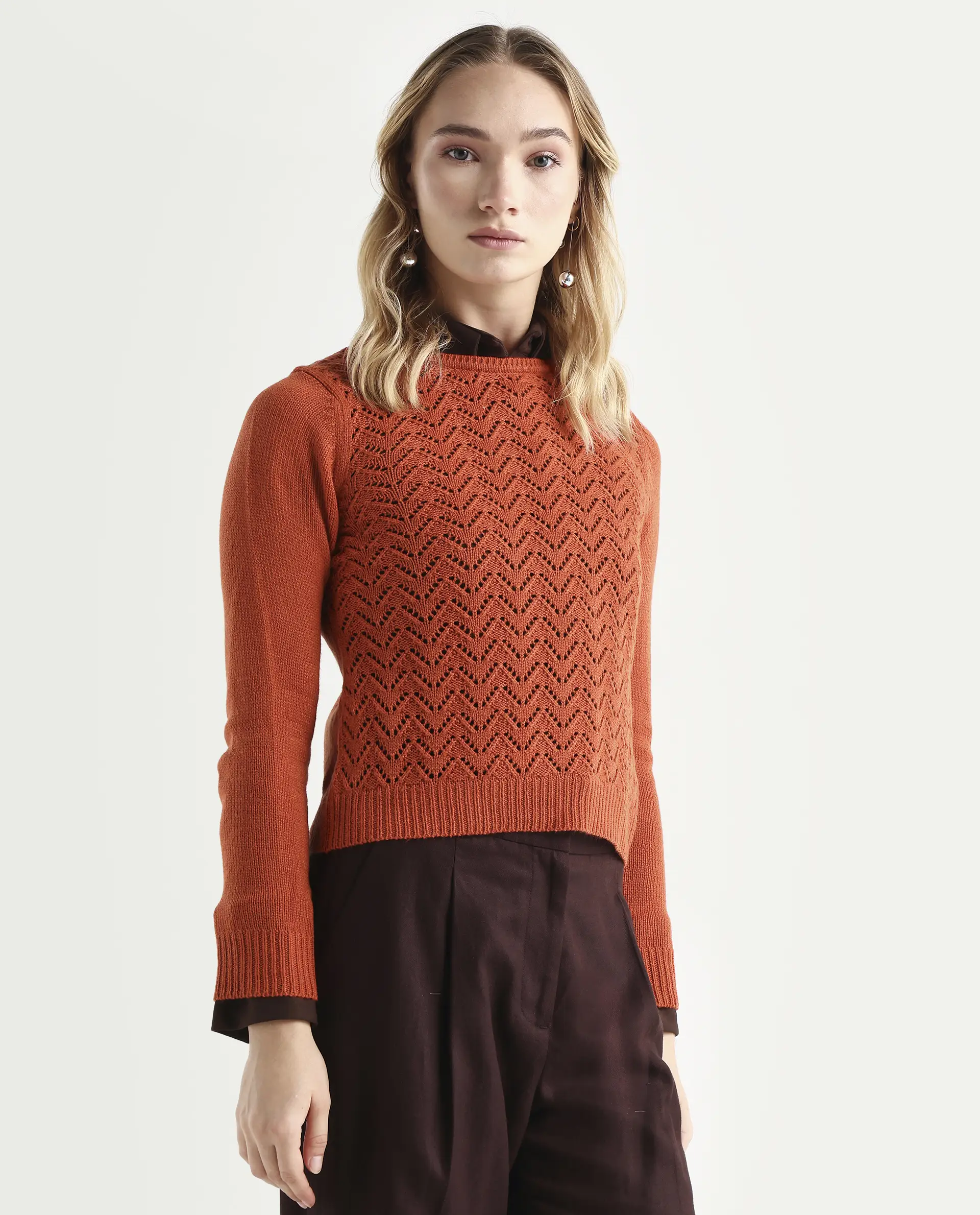 Rareism Women's Sami Orange Acrylic Crew Neck Plain Slim Fit Sweater - Image 6