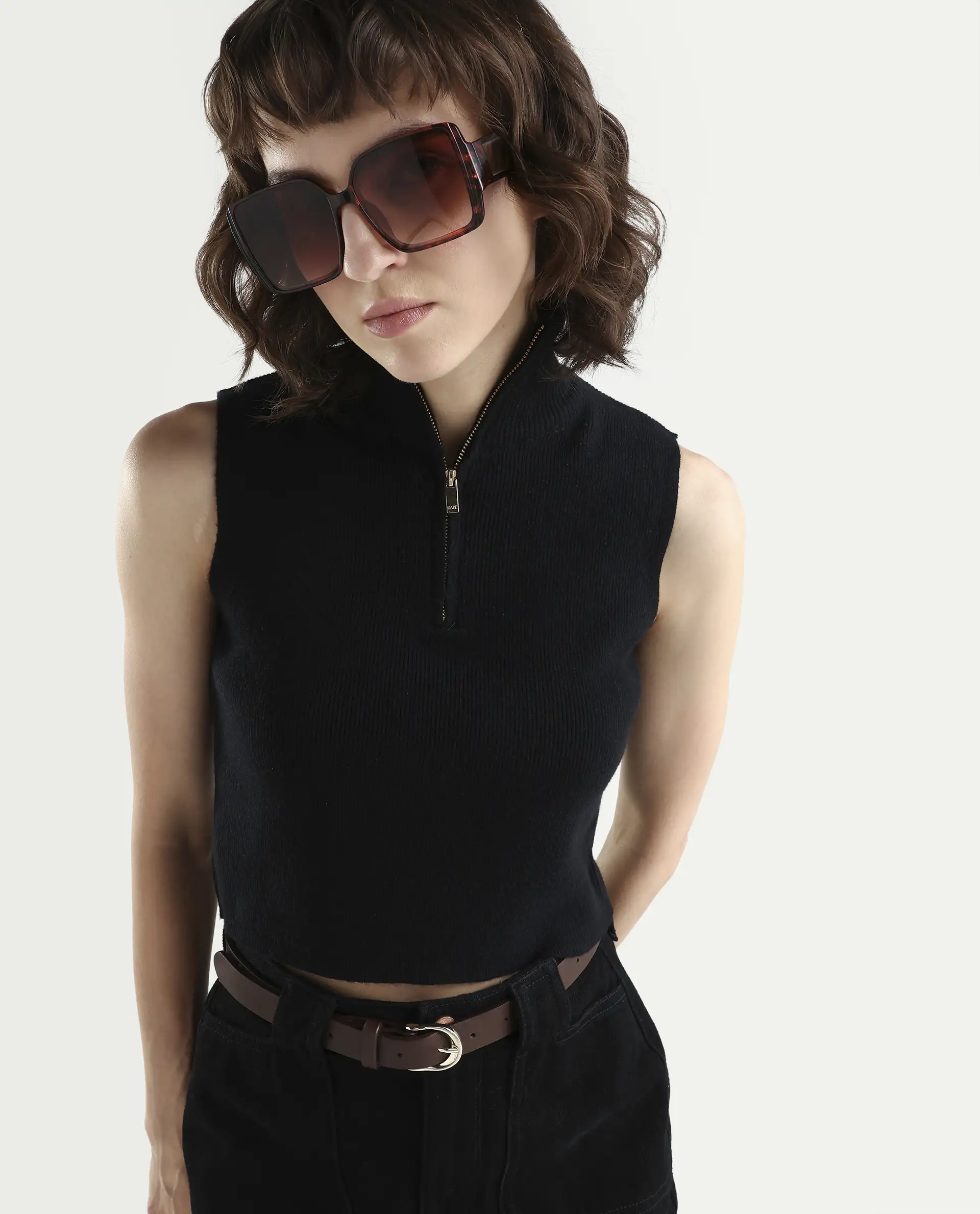 Rareism Women's Samo Black Viscose Blend Sleeveless High Neck Fitted Plain Top
