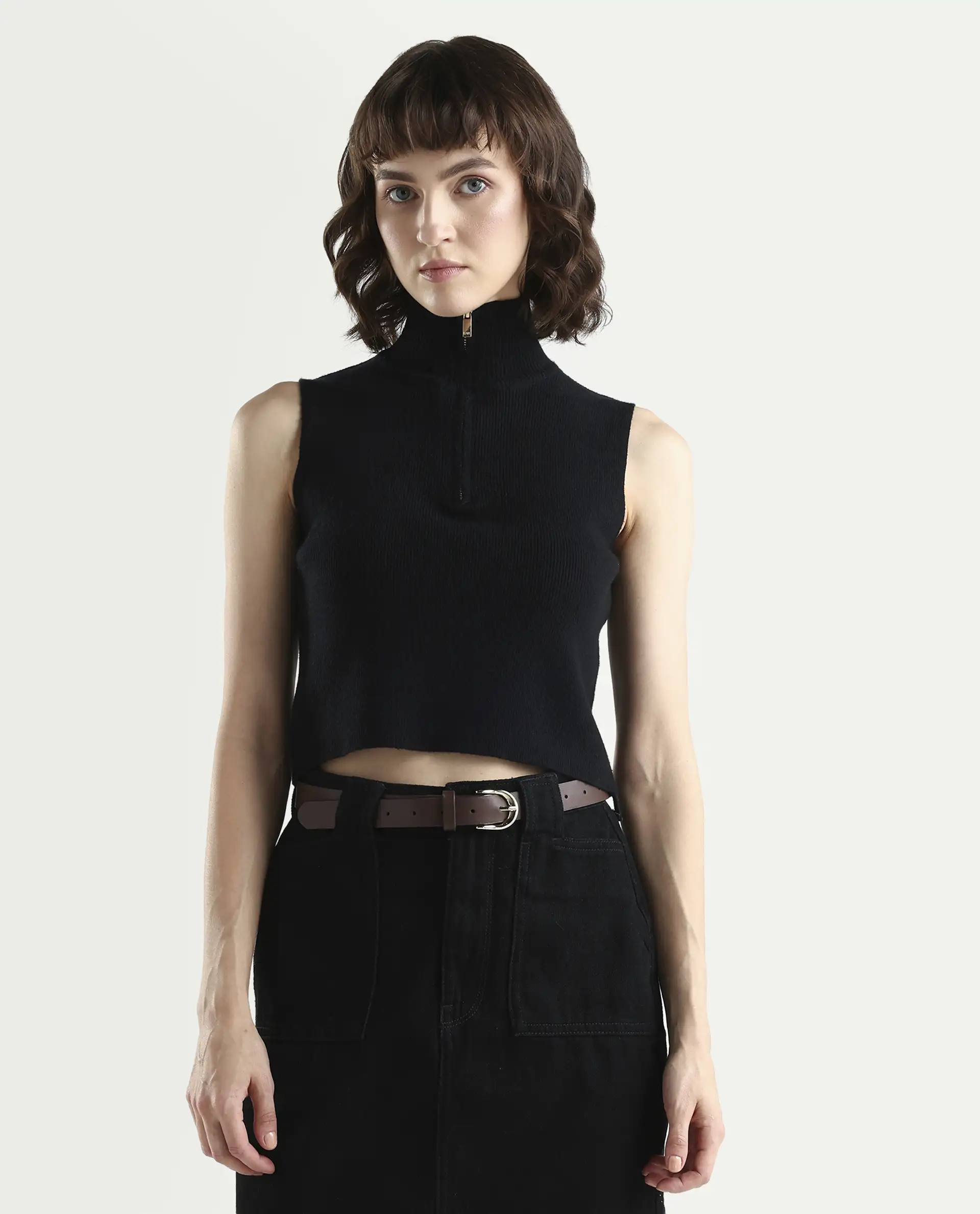 Rareism Women's Samo Black Viscose Blend Sleeveless High Neck Fitted Plain Top - Image 3
