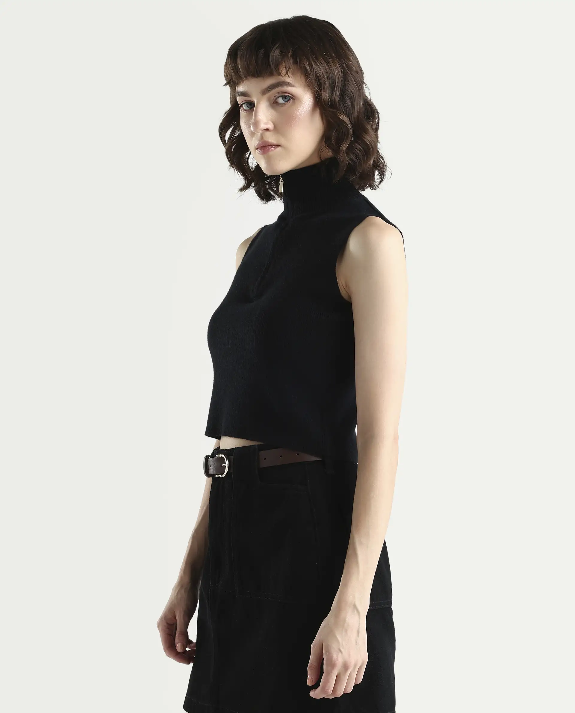 Rareism Women's Samo Black Viscose Blend Sleeveless High Neck Fitted Plain Top - Image 5